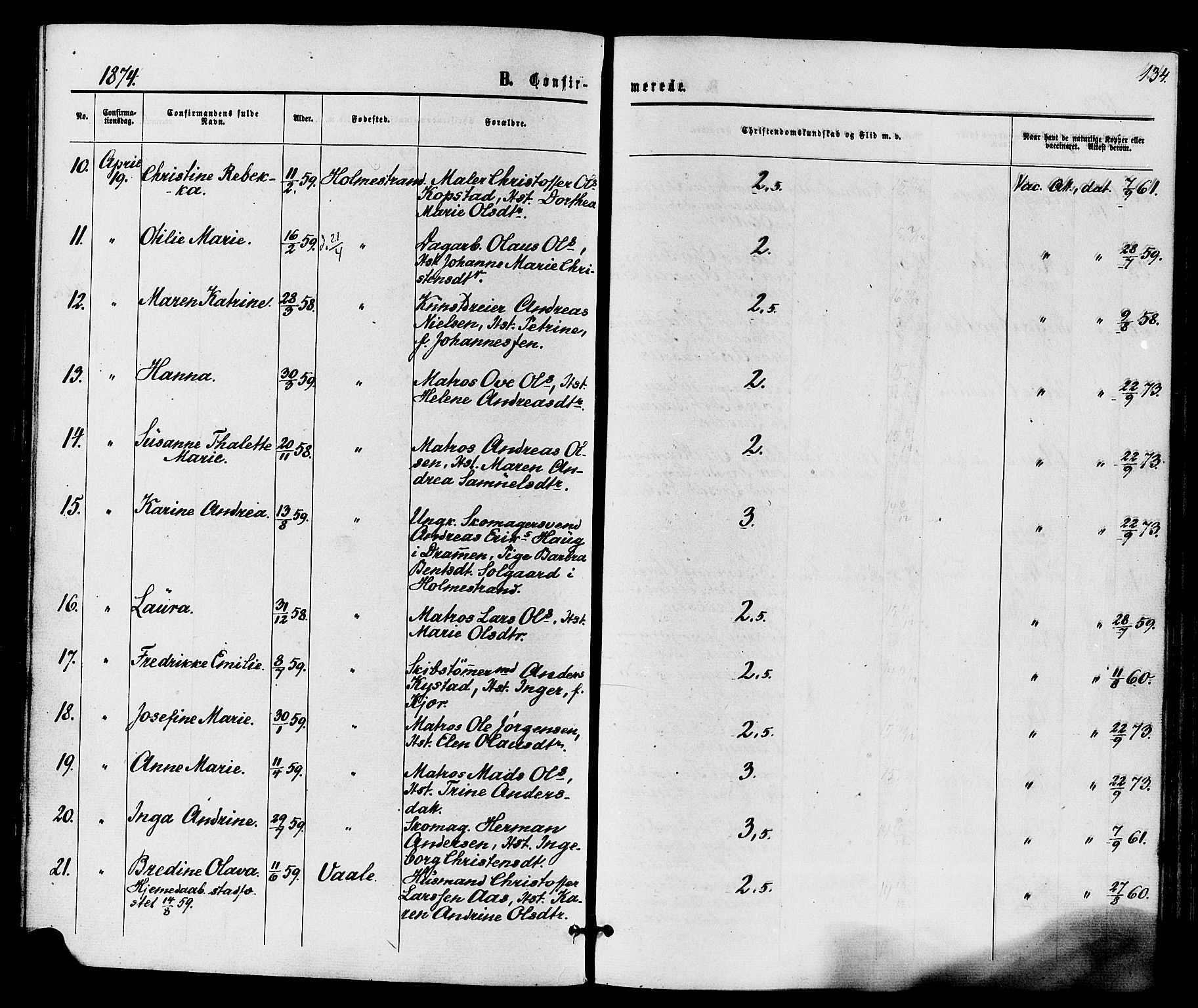 Holmestrand kirkebøker, AV/SAKO-A-346/F/Fa/L0003: Parish register (official) no. 3, 1867-1879, p. 134