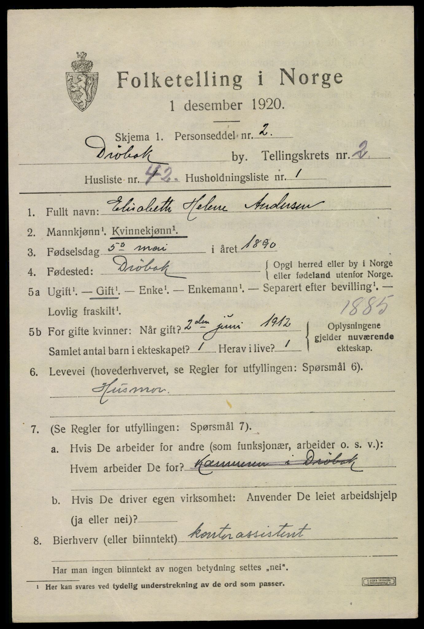 SAO, 1920 census for Drøbak, 1920, p. 3351