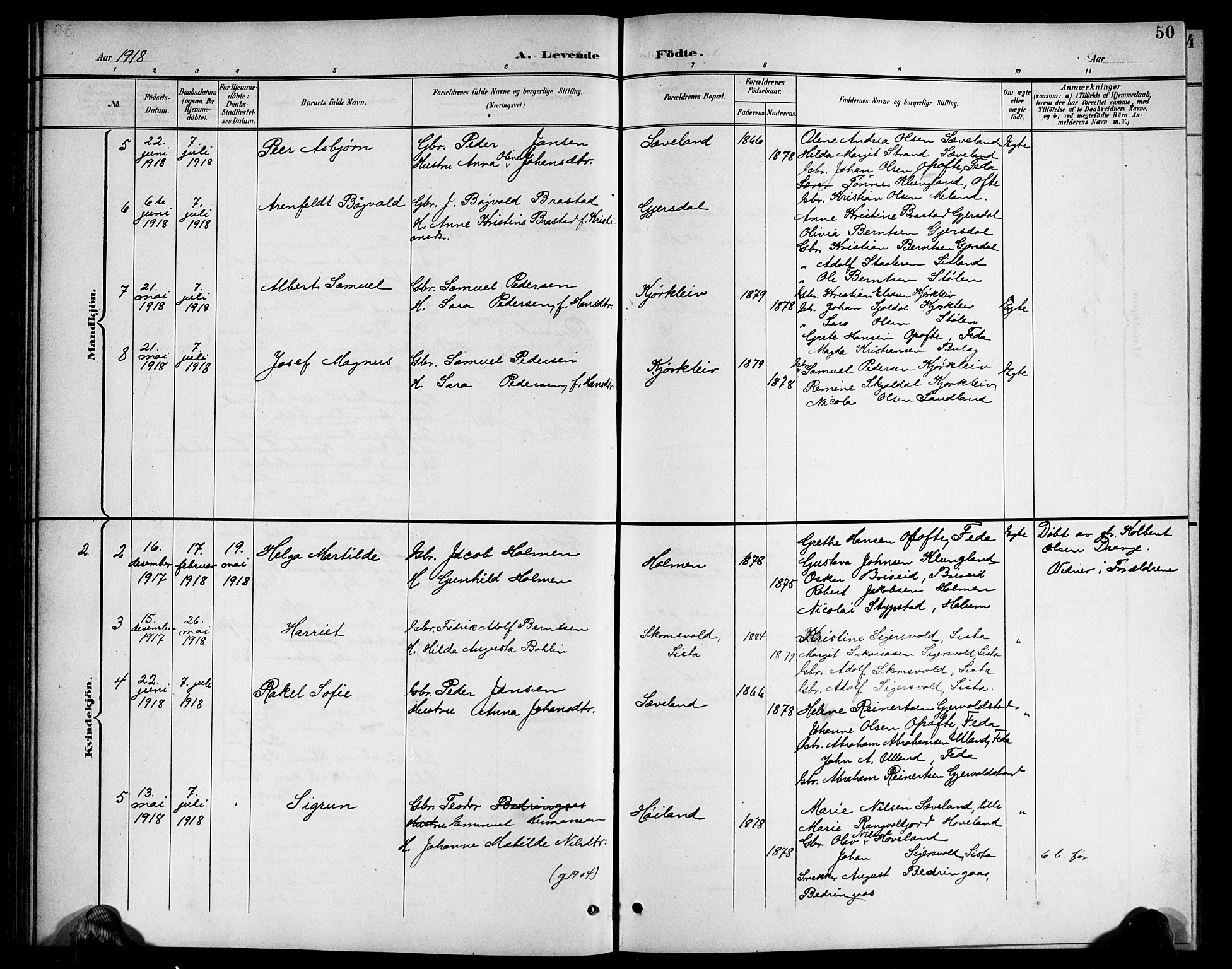 Herad sokneprestkontor, AV/SAK-1111-0018/F/Fb/Fba/L0005: Parish register (copy) no. B 5, 1899-1921, p. 50