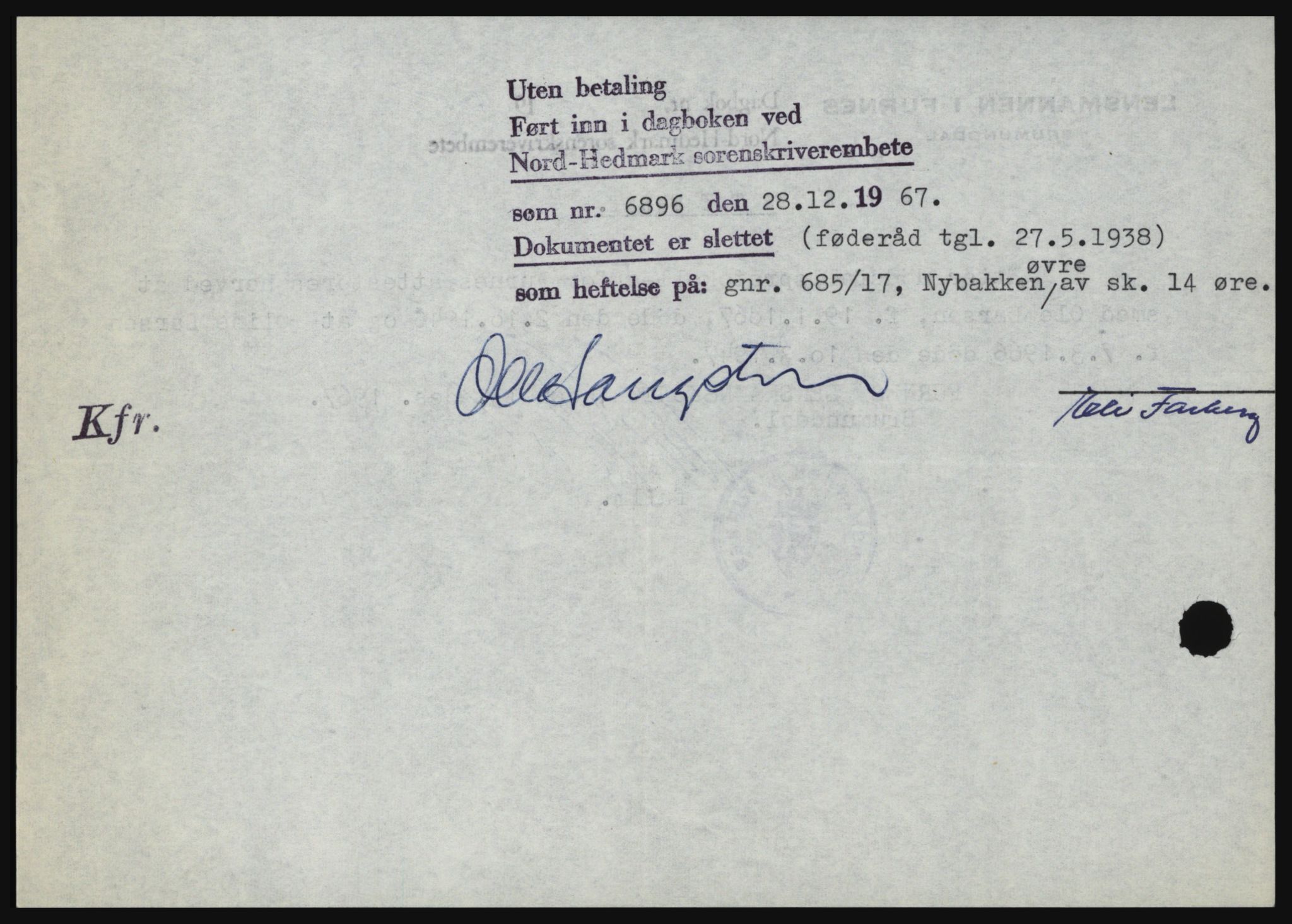 Nord-Hedmark sorenskriveri, SAH/TING-012/H/Hc/L0027: Mortgage book no. 27, 1967-1968, Diary no: : 6896/1967