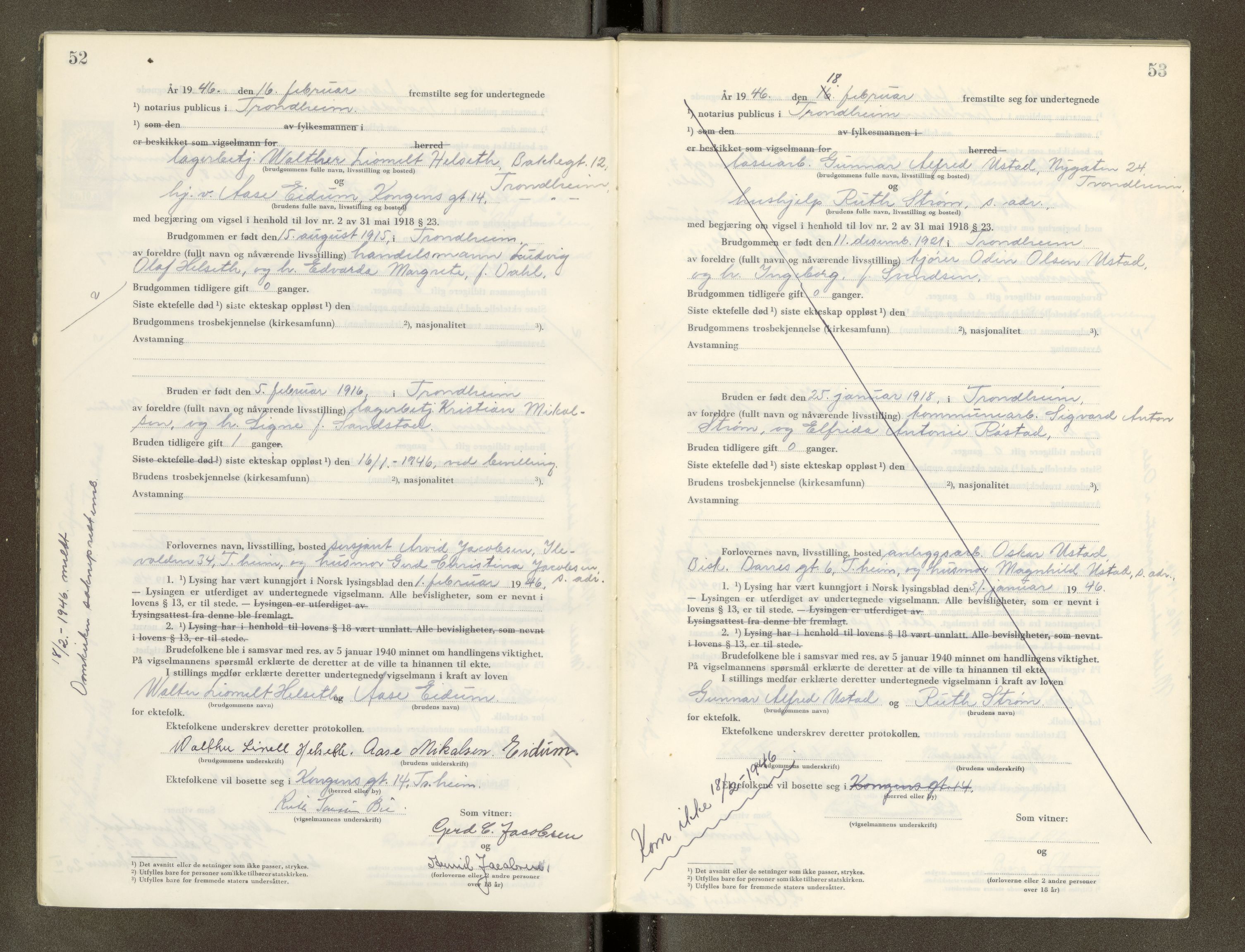 Trondheim byfogd, AV/SAT-A-0003/1/6/6D/L0005: Vigselbøker, 1944-1948, p. 52-53