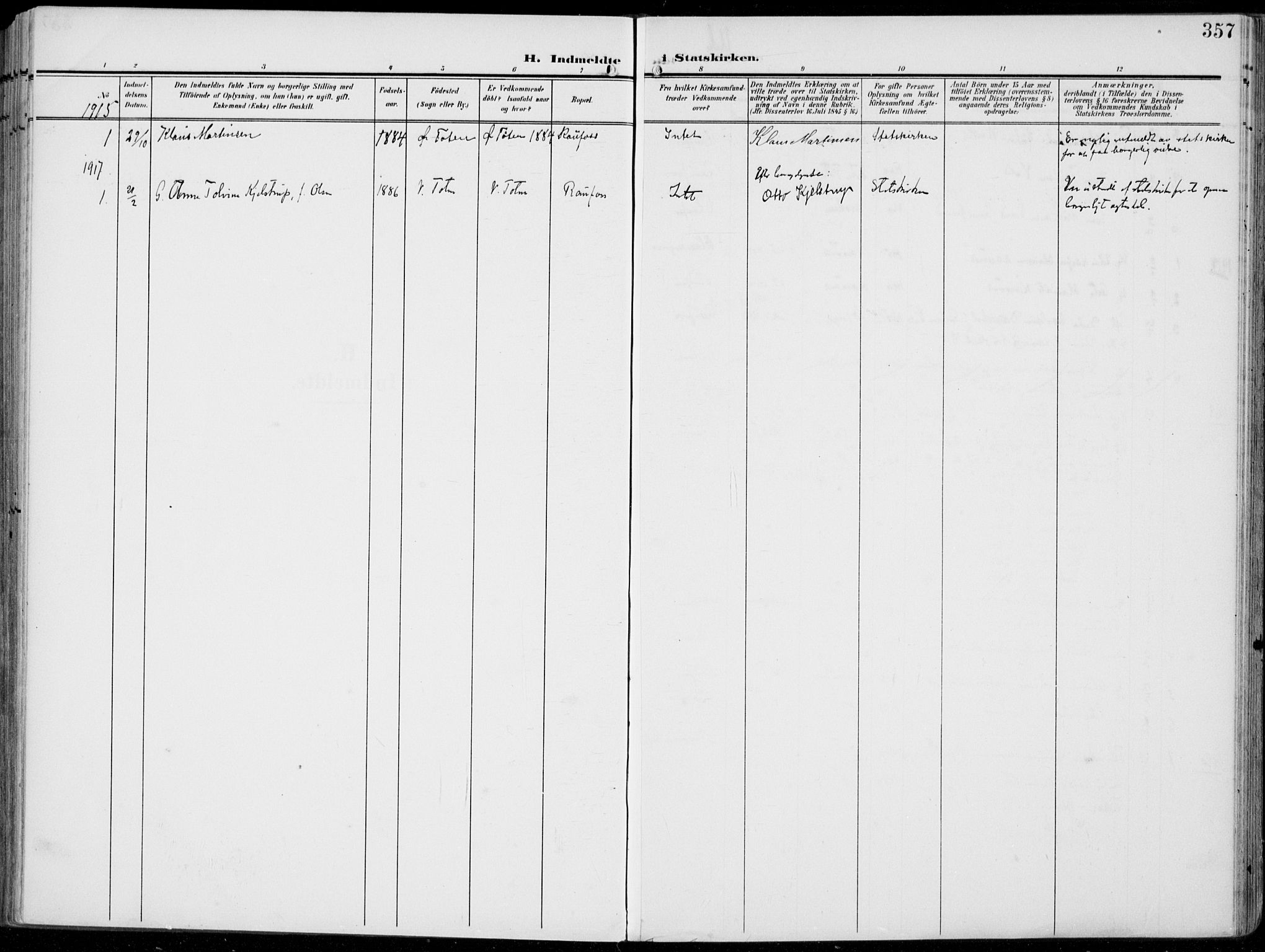 Vestre Toten prestekontor, SAH/PREST-108/H/Ha/Haa/L0014: Parish register (official) no. 14, 1907-1920, p. 357