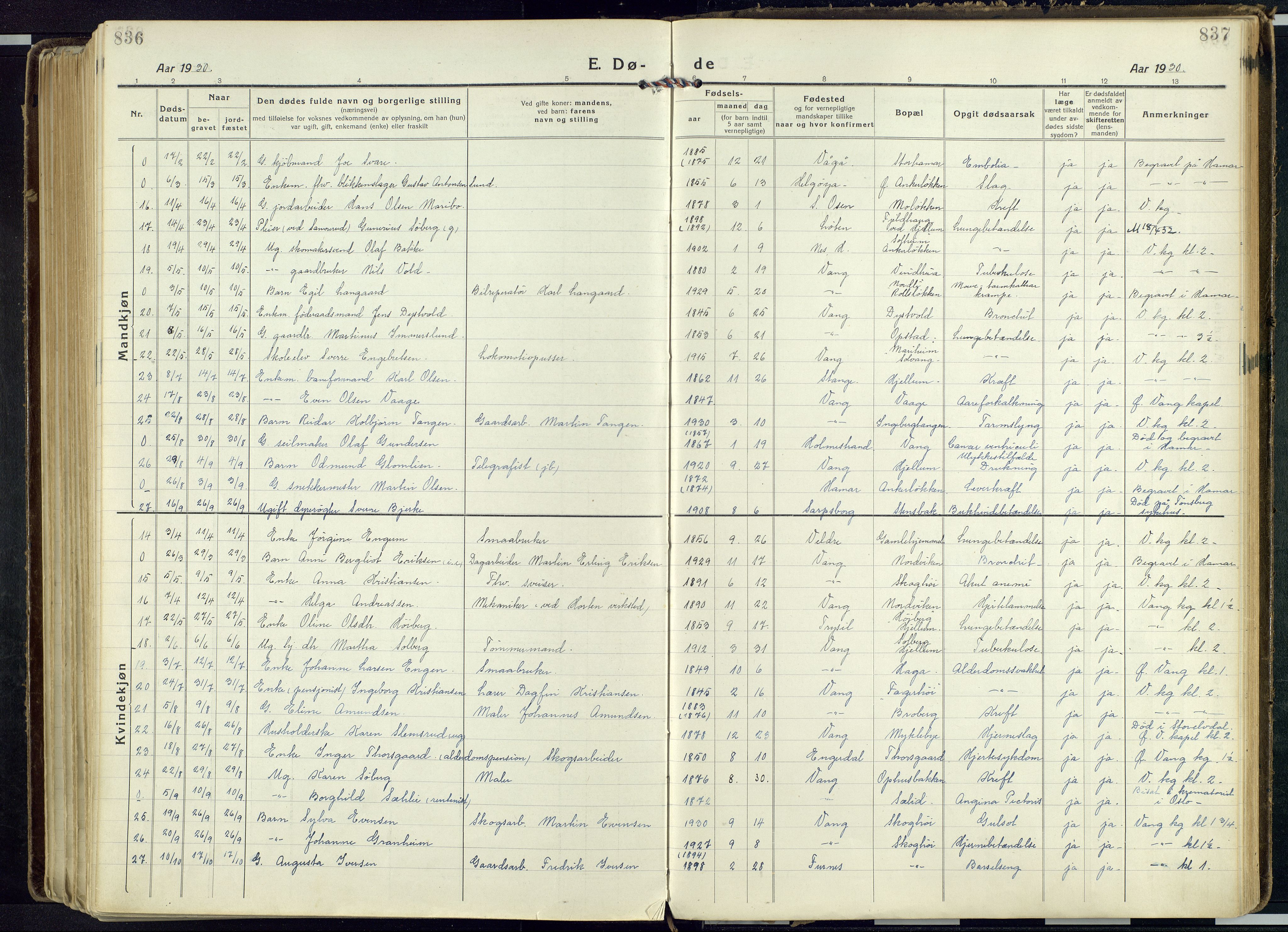 Vang prestekontor, Hedmark, AV/SAH-PREST-008/H/Ha/Haa/L0022: Parish register (official) no. 22, 1918-1944, p. 836-837