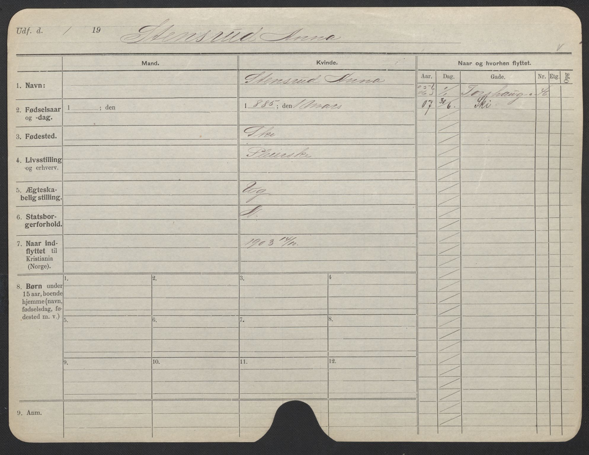 Oslo folkeregister, Registerkort, AV/SAO-A-11715/F/Fa/Fac/L0024: Kvinner, 1906-1914, p. 299a