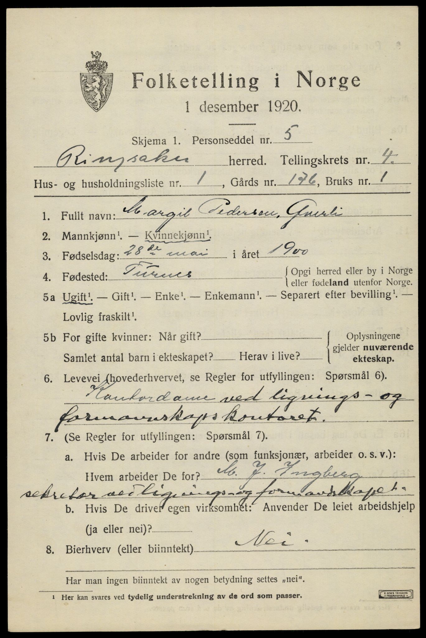 SAH, 1920 census for Ringsaker, 1920, p. 8572