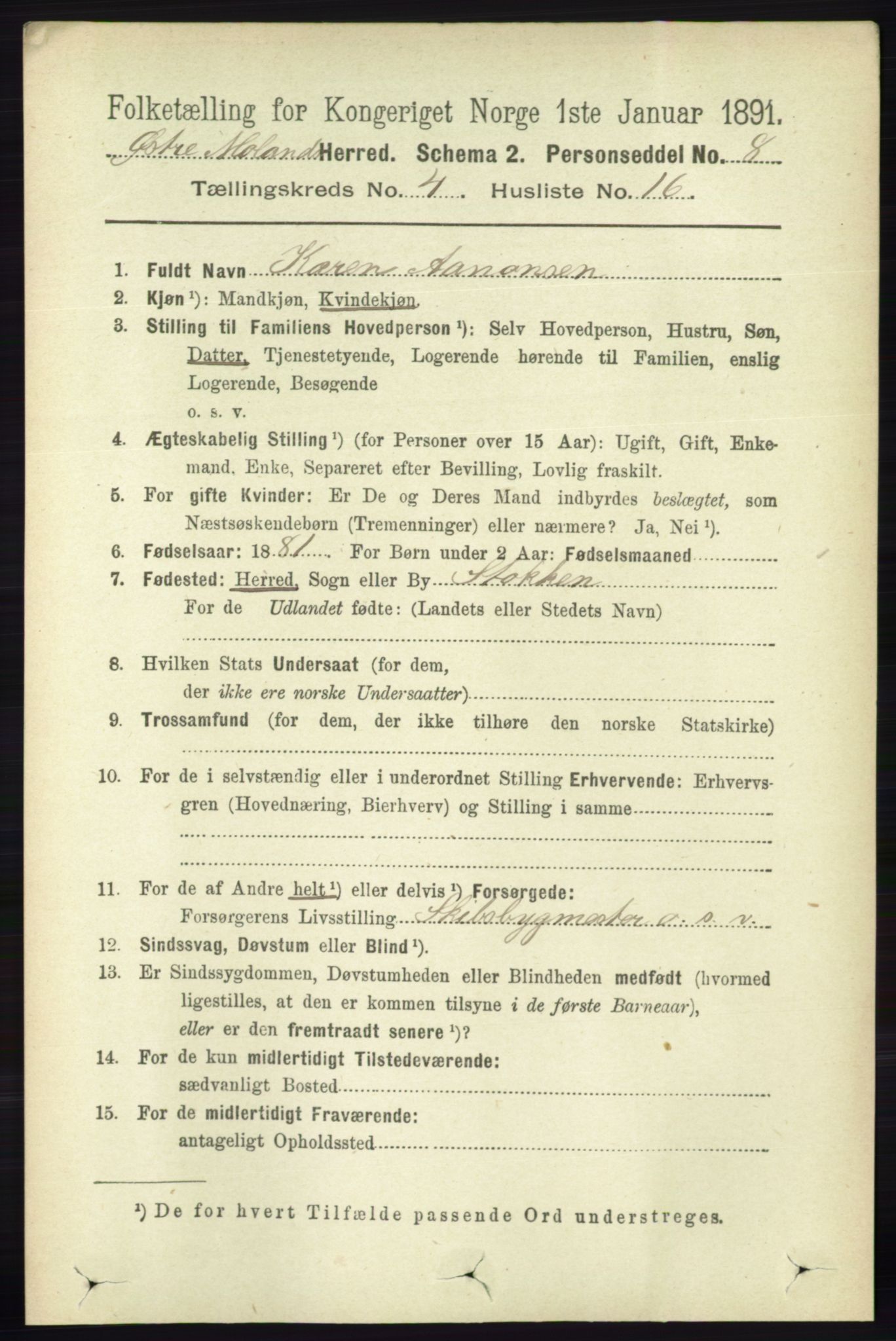 RA, 1891 census for 0918 Austre Moland, 1891, p. 2145