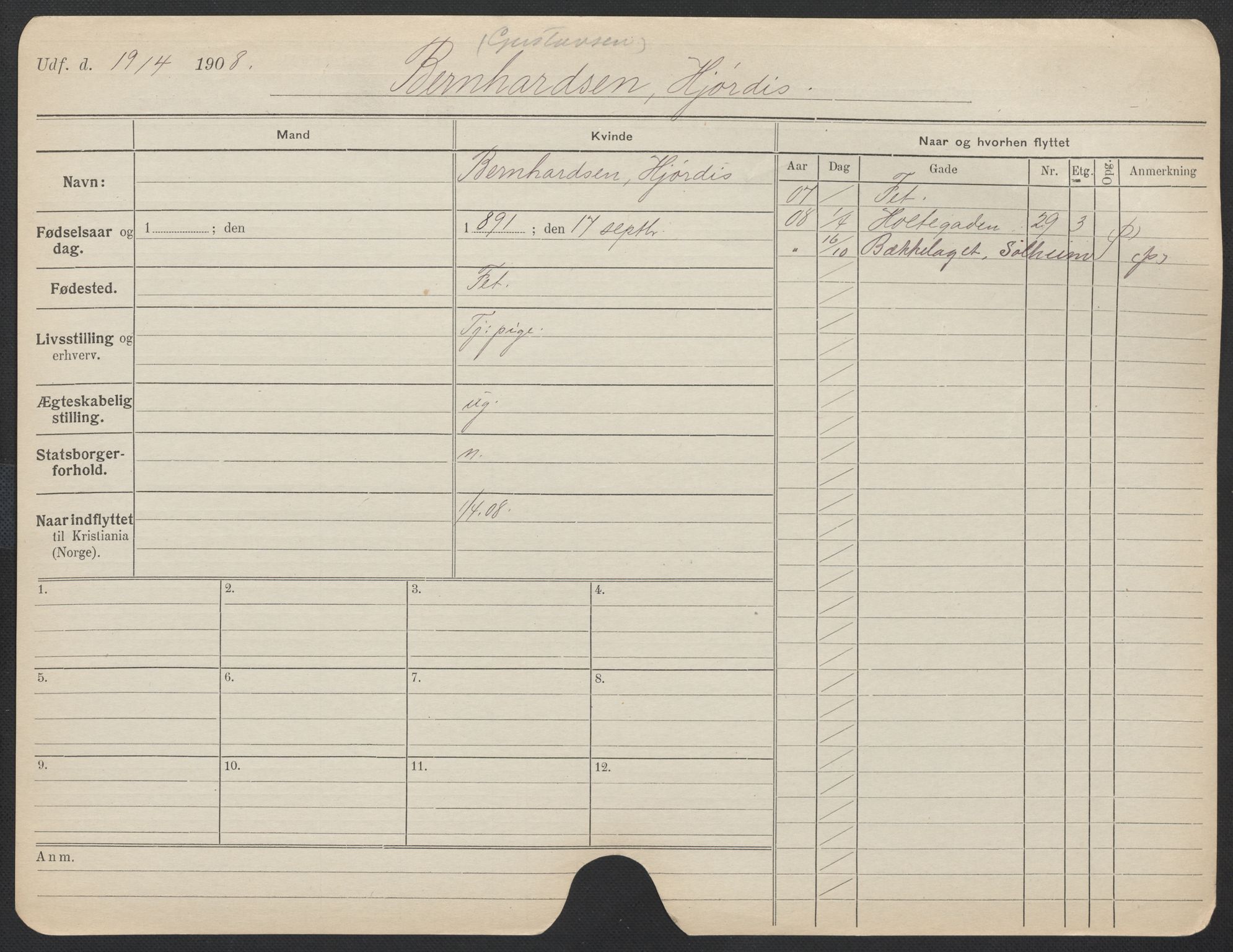 Oslo folkeregister, Registerkort, AV/SAO-A-11715/F/Fa/Fac/L0013: Kvinner, 1906-1914, p. 274a