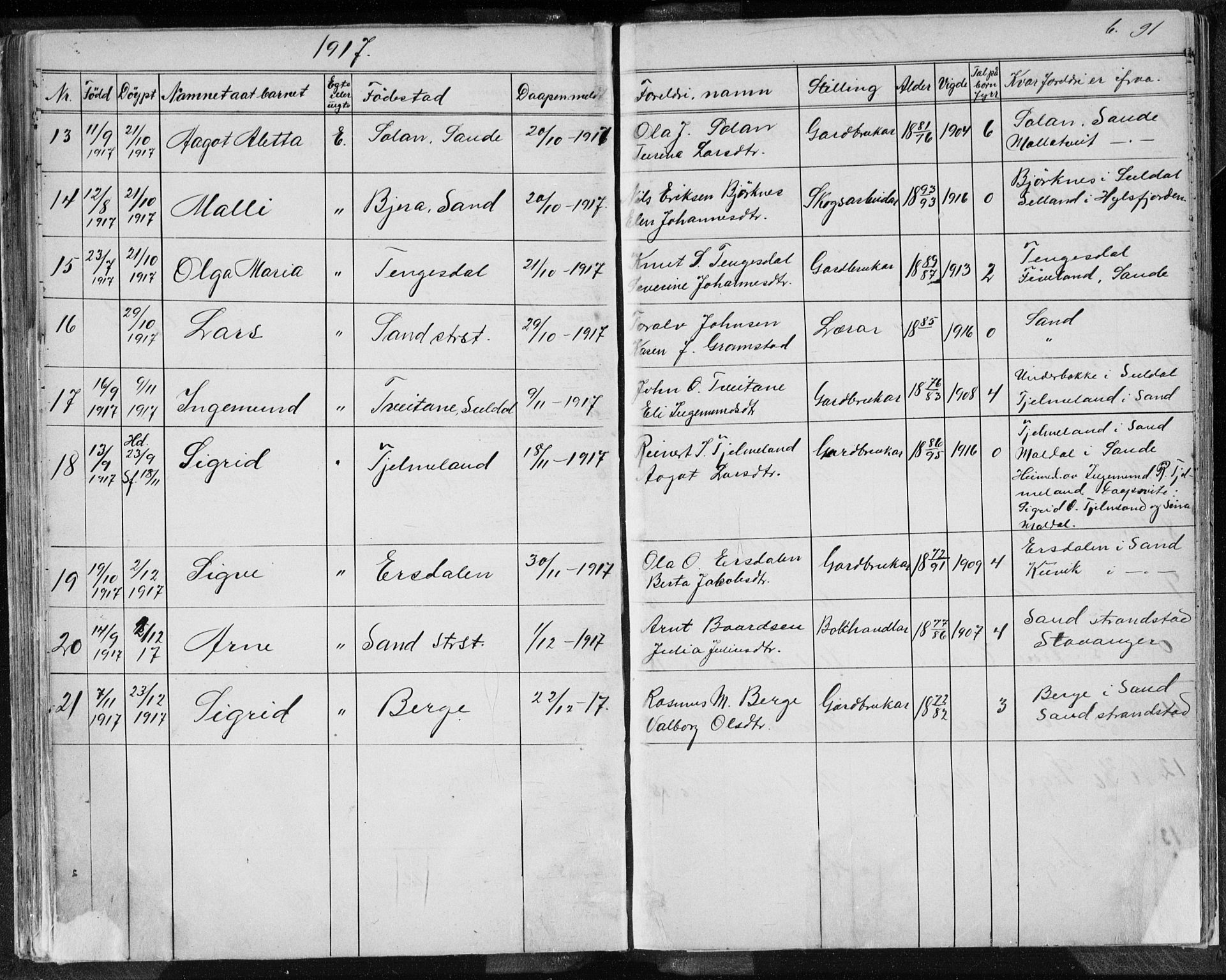 Sand sokneprestkontor, AV/SAST-A-101848/01/IV/L0003: Parish register (copy) no. B 3, 1872-1935, p. 91b