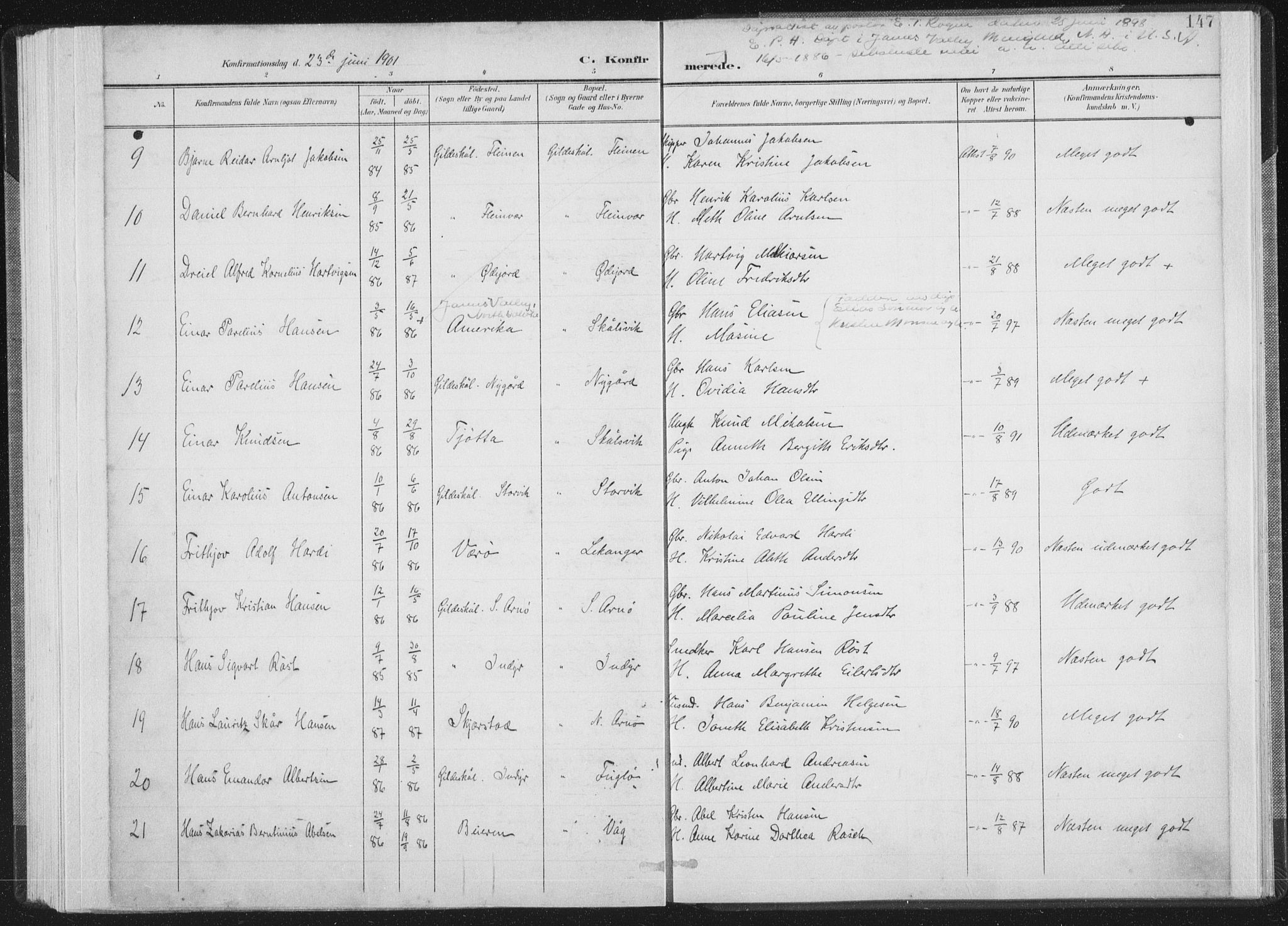 Ministerialprotokoller, klokkerbøker og fødselsregistre - Nordland, AV/SAT-A-1459/805/L0102: Parish register (official) no. 805A08I, 1900-1909, p. 147