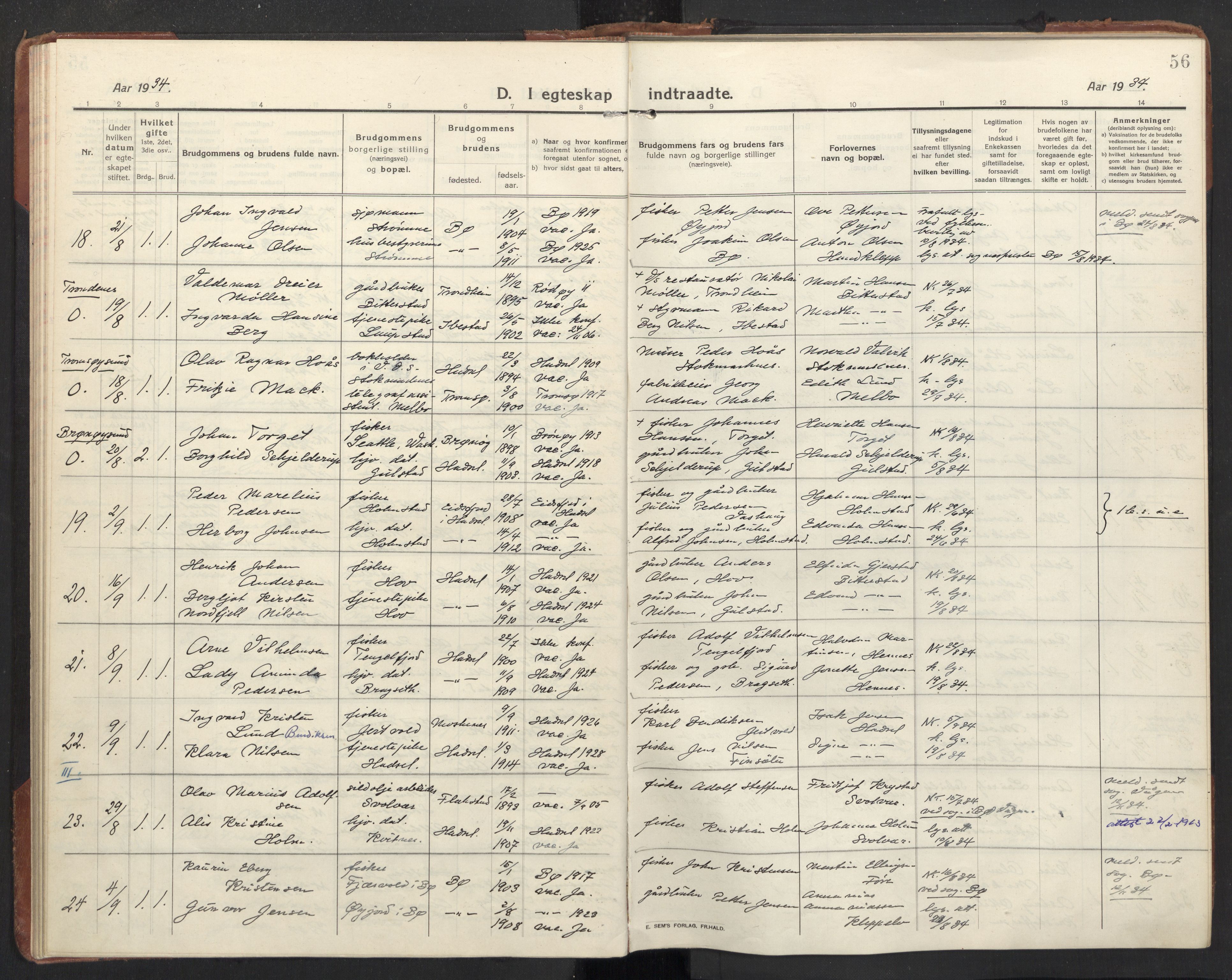 Ministerialprotokoller, klokkerbøker og fødselsregistre - Nordland, AV/SAT-A-1459/888/L1269: Parish register (copy) no. 888C11, 1913-1937, p. 56