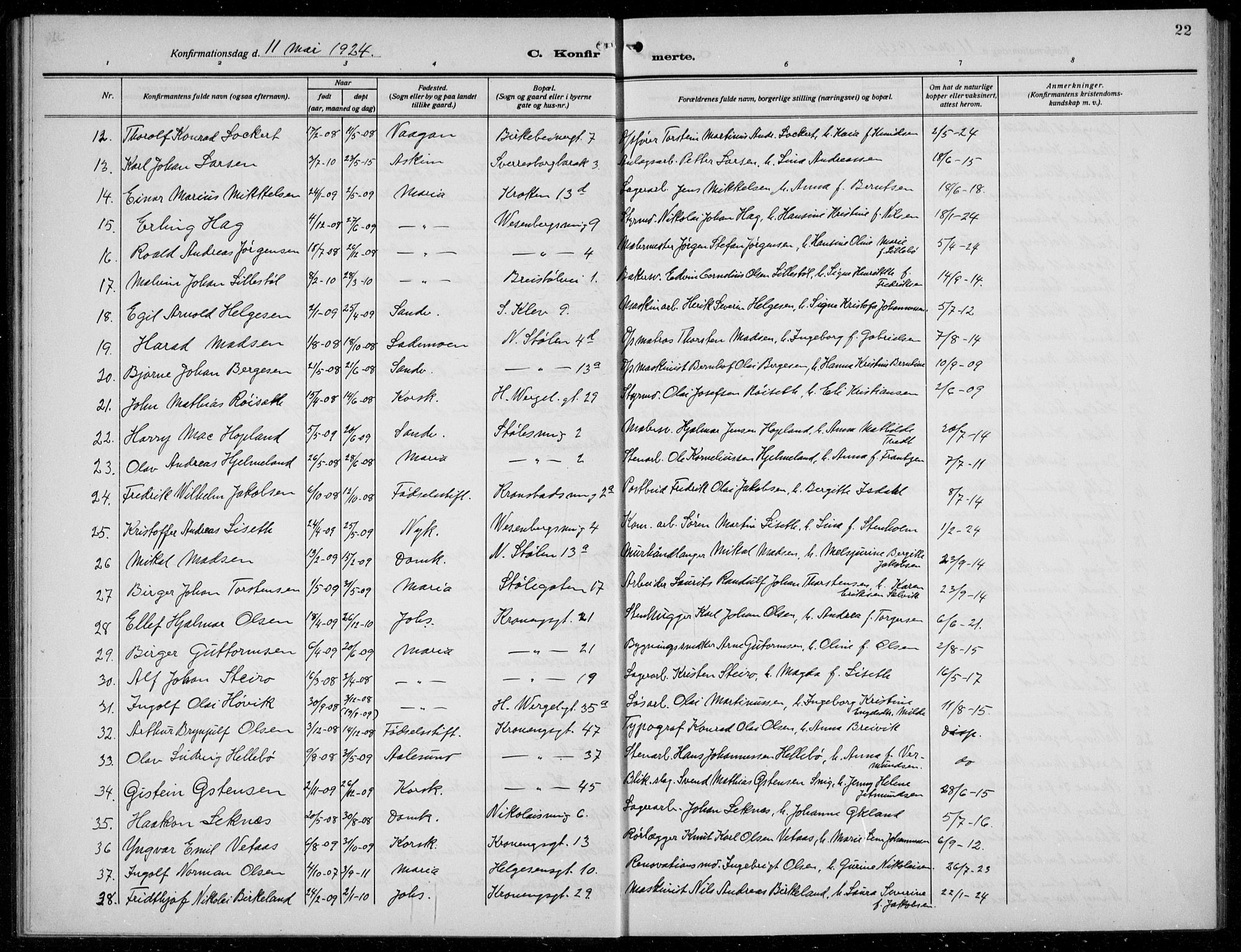 Mariakirken Sokneprestembete, AV/SAB-A-76901/H/Hab/L0010: Parish register (copy) no. A 10, 1920-1937, p. 22