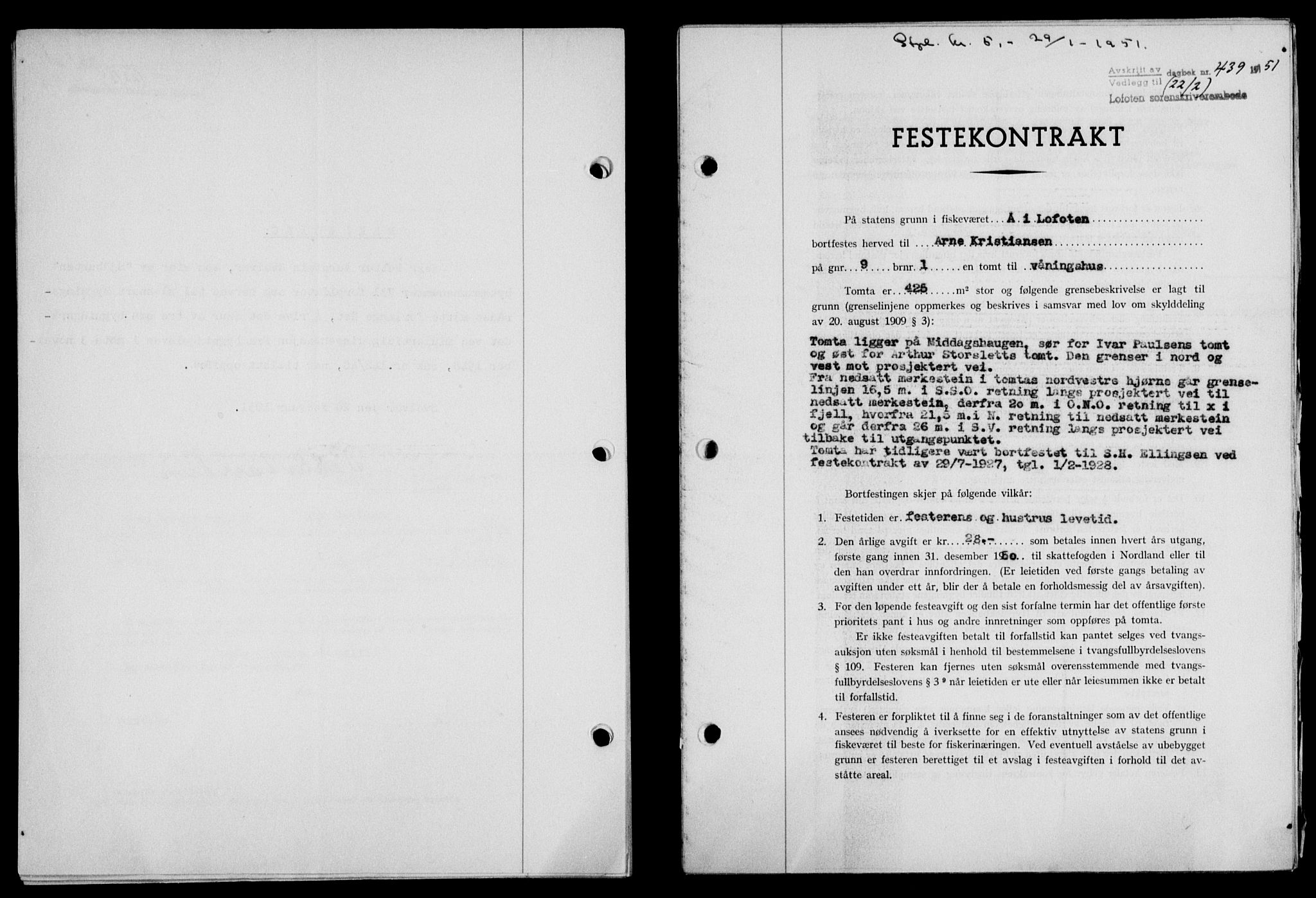 Lofoten sorenskriveri, SAT/A-0017/1/2/2C/L0025a: Mortgage book no. 25a, 1950-1951, Diary no: : 439/1951