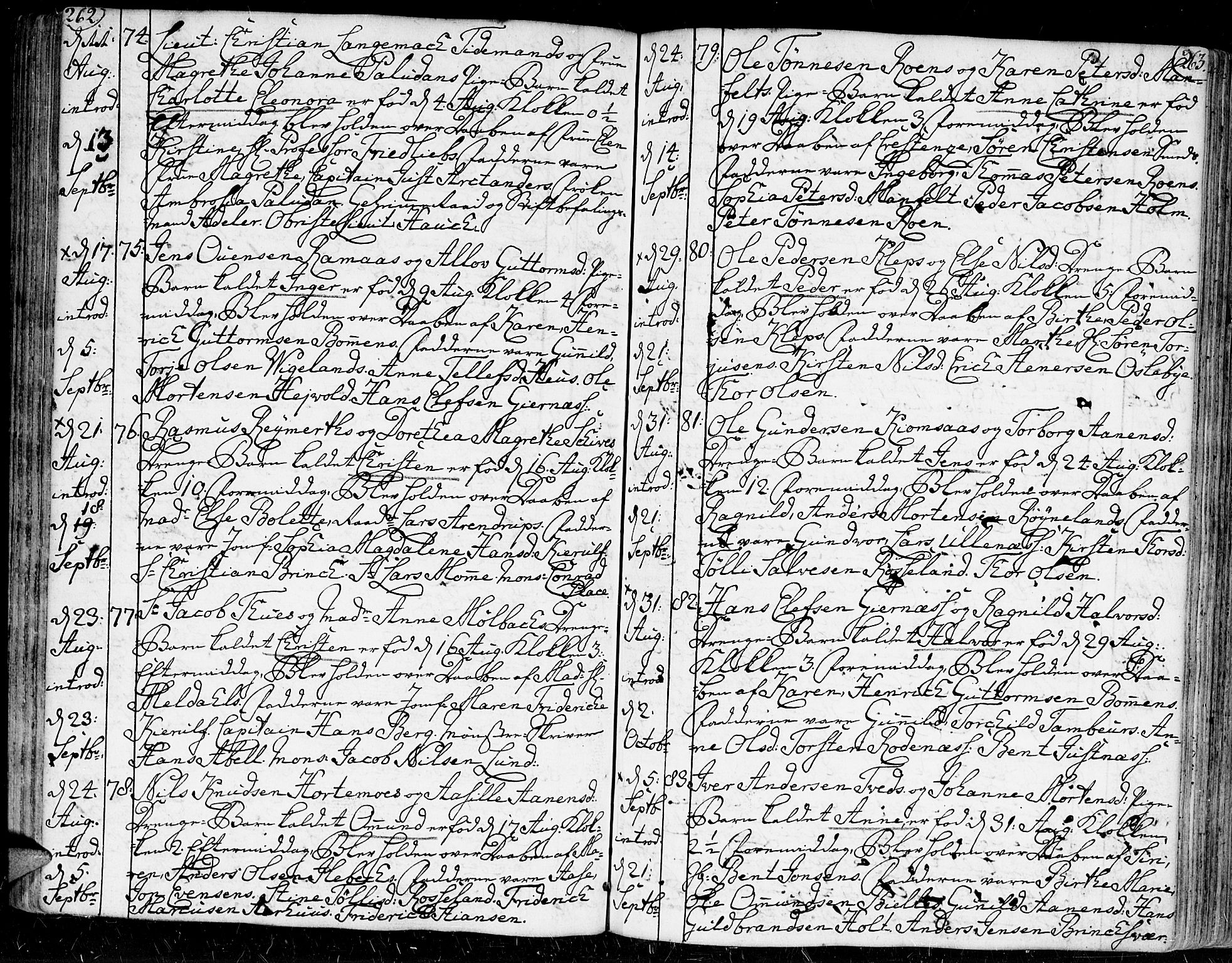 Kristiansand domprosti, AV/SAK-1112-0006/F/Fa/L0002: Parish register (official) no. A 2, 1755-1778, p. 262-263