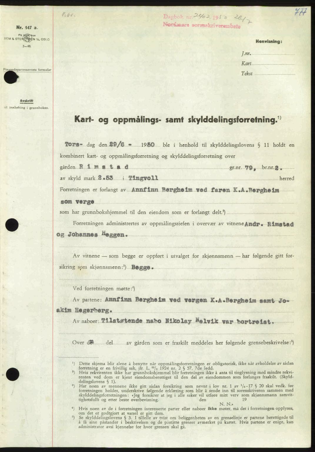 Nordmøre sorenskriveri, AV/SAT-A-4132/1/2/2Ca: Mortgage book no. A115, 1950-1950, Diary no: : 2402/1950