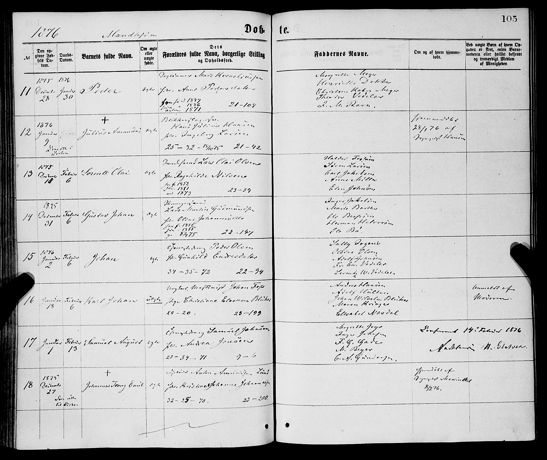 Korskirken sokneprestembete, AV/SAB-A-76101/H/Haa/L0020: Parish register (official) no. B 6, 1871-1878, p. 105