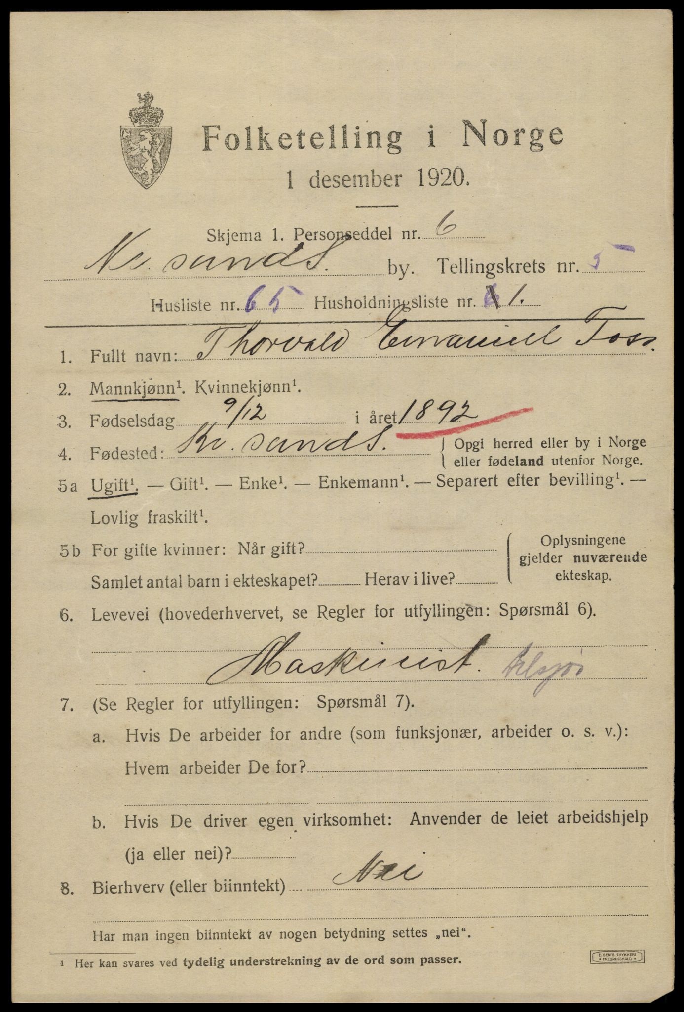 SAK, 1920 census for Kristiansand, 1920, p. 18303