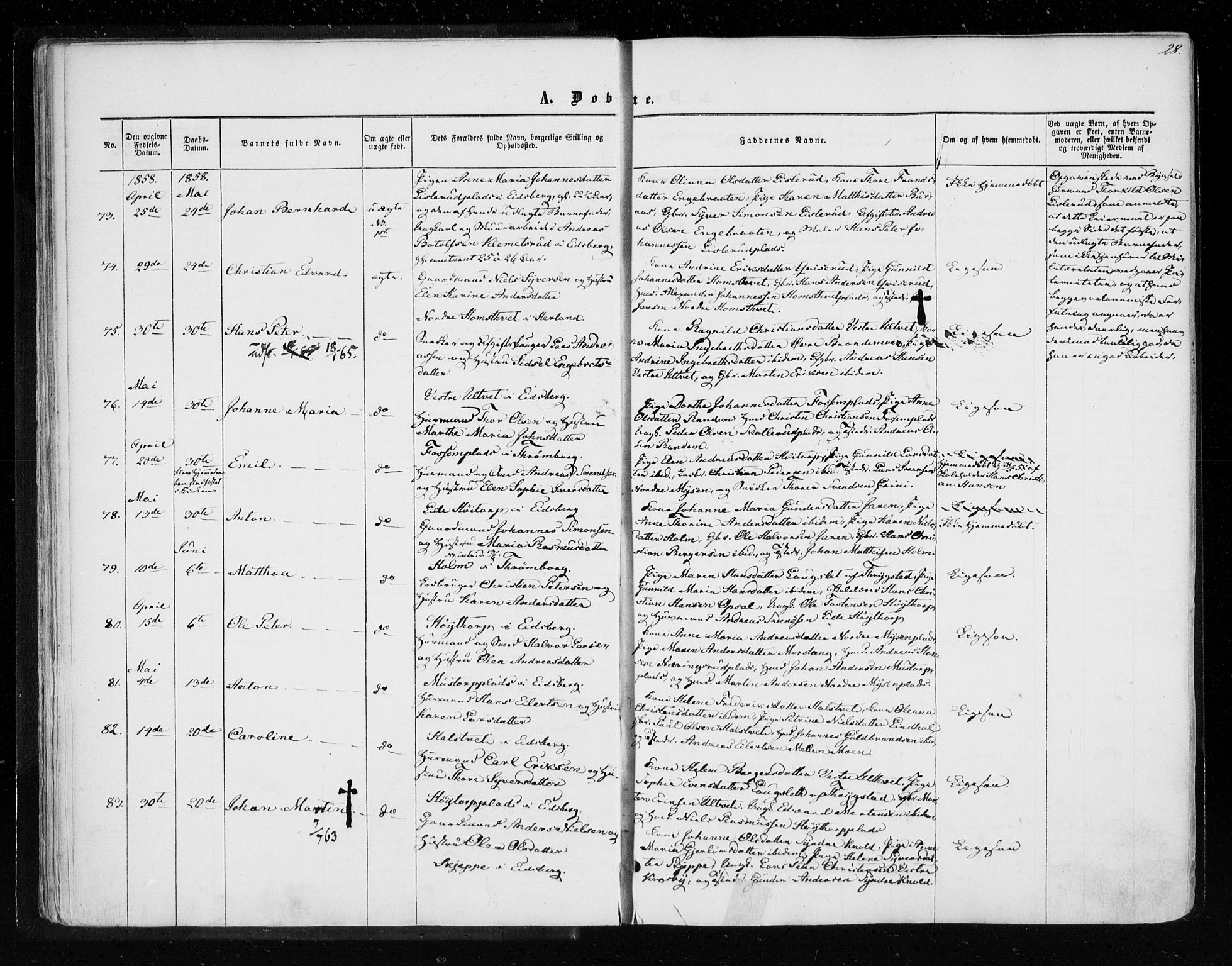 Eidsberg prestekontor Kirkebøker, AV/SAO-A-10905/F/Fa/L0010.a: Parish register (official) no. I 10A, 1857-1866, p. 28