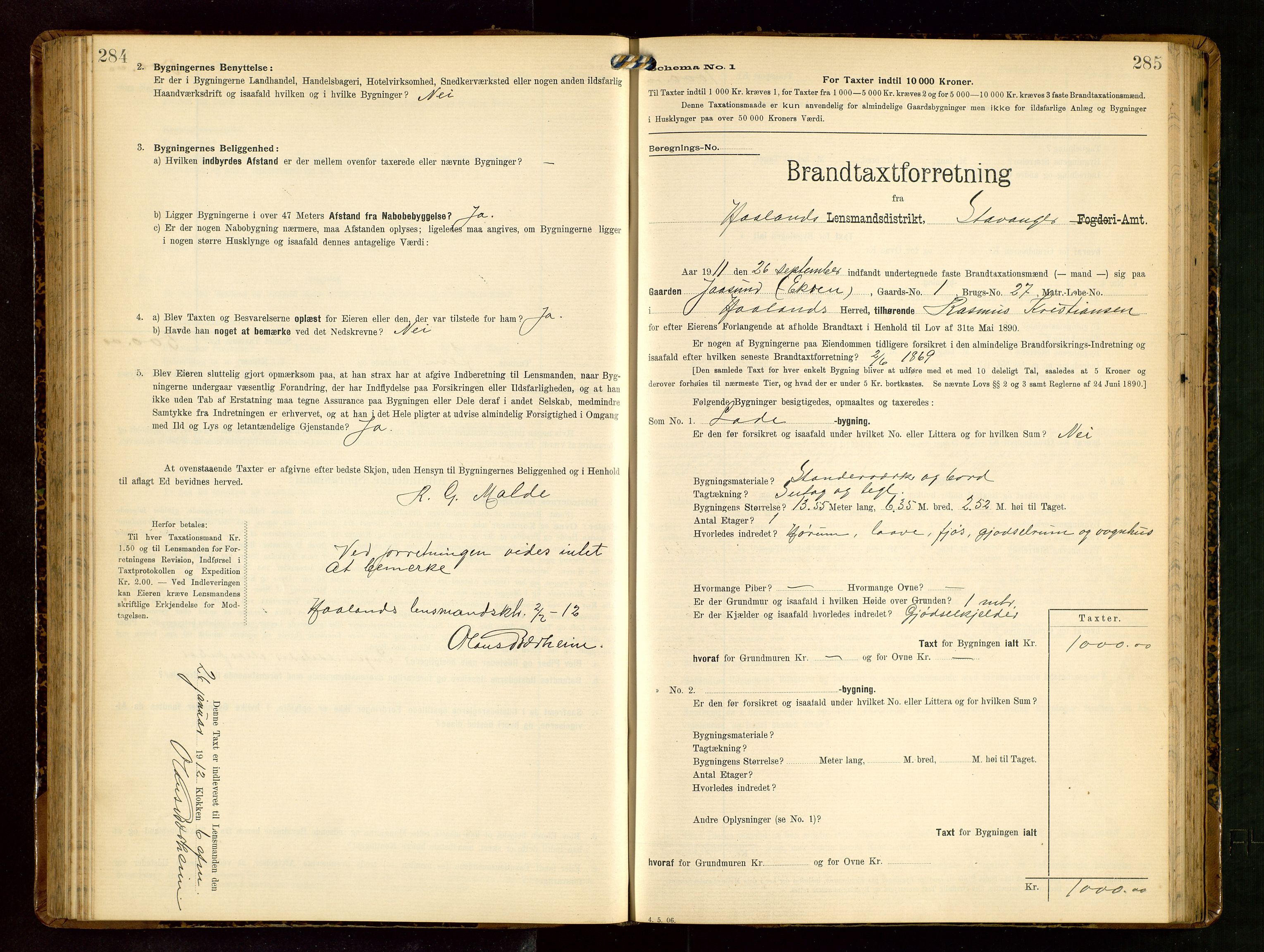 Håland lensmannskontor, SAST/A-100100/Gob/L0003: Branntakstprotokoll - skjematakst. Register i boken., 1909-1910, p. 284-285