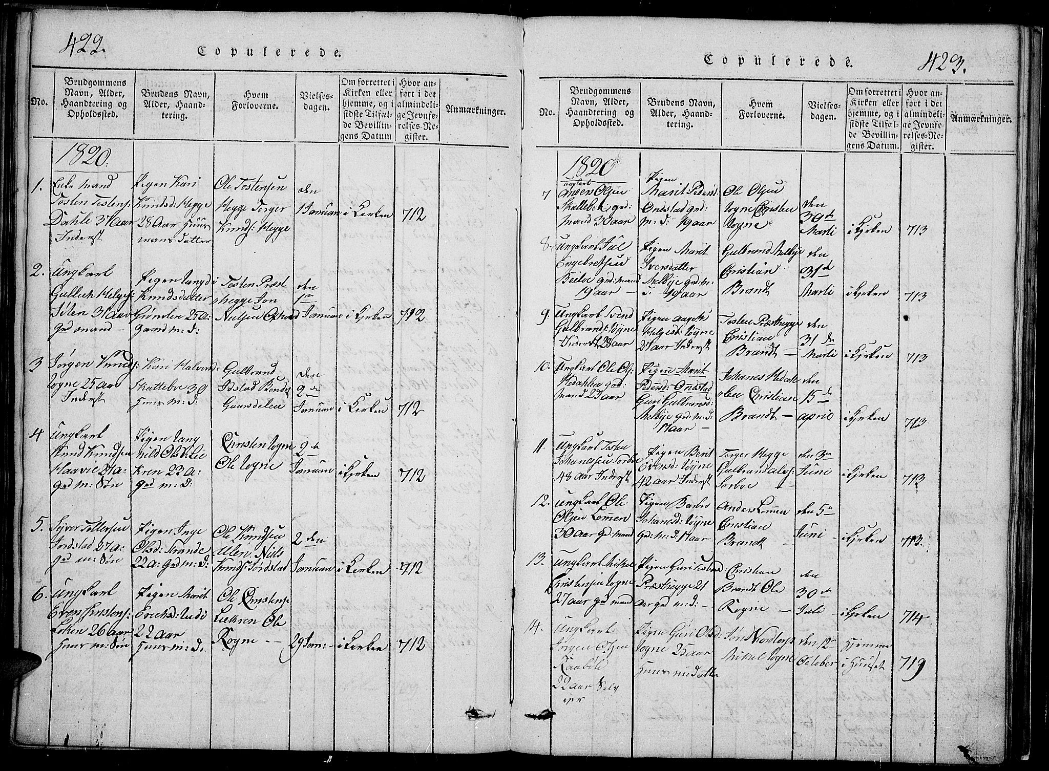 Slidre prestekontor, SAH/PREST-134/H/Ha/Hab/L0002: Parish register (copy) no. 2, 1814-1839, p. 422-423