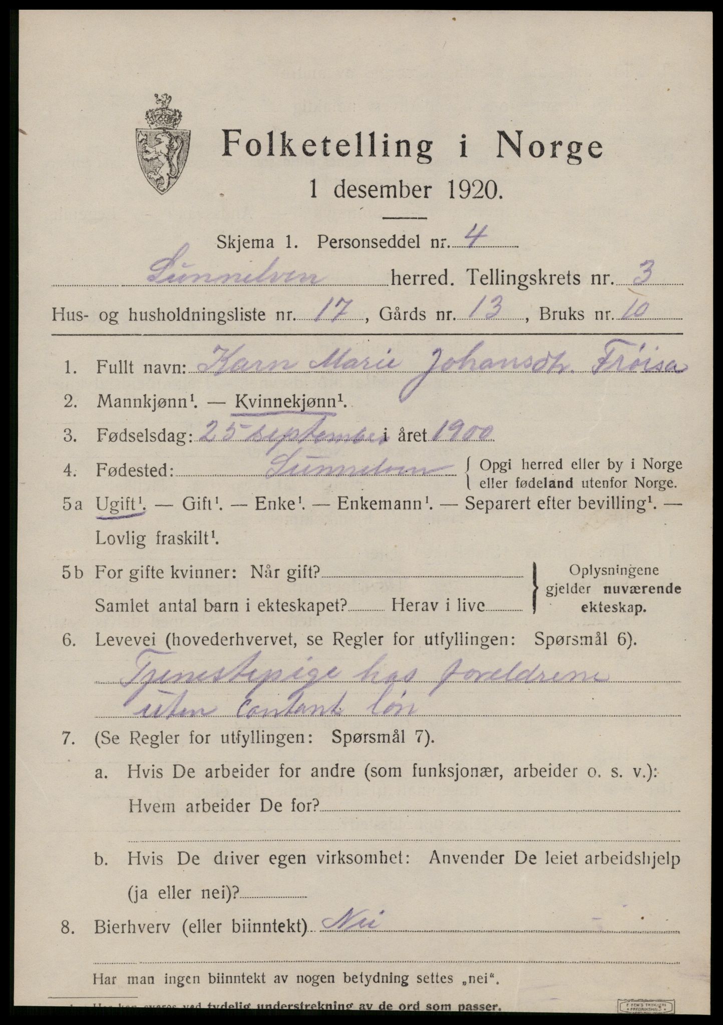 SAT, 1920 census for Sunnylven, 1920, p. 1884