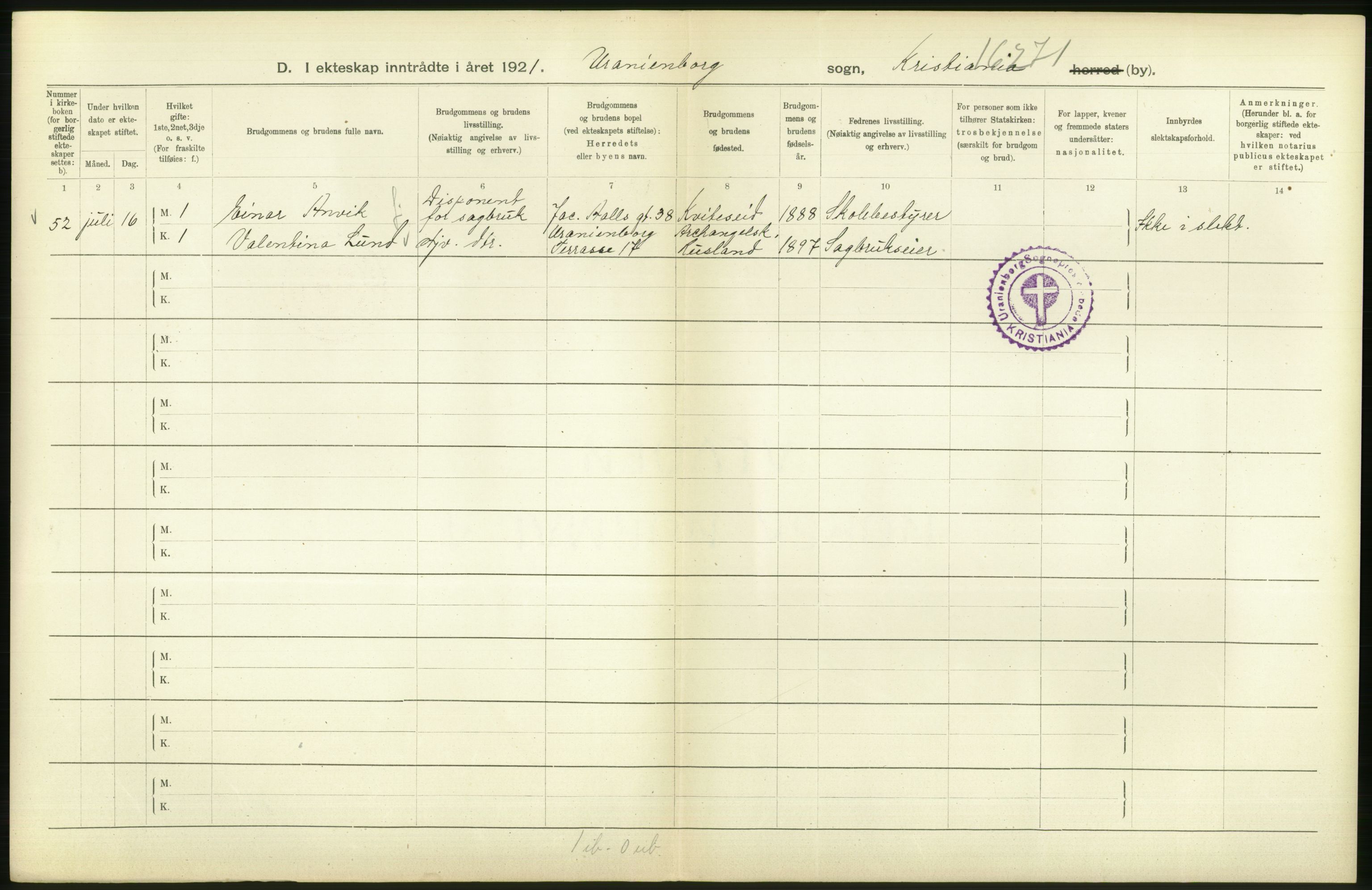 Statistisk sentralbyrå, Sosiodemografiske emner, Befolkning, AV/RA-S-2228/D/Df/Dfc/Dfca/L0011: Kristiania: Gifte, 1921, p. 236