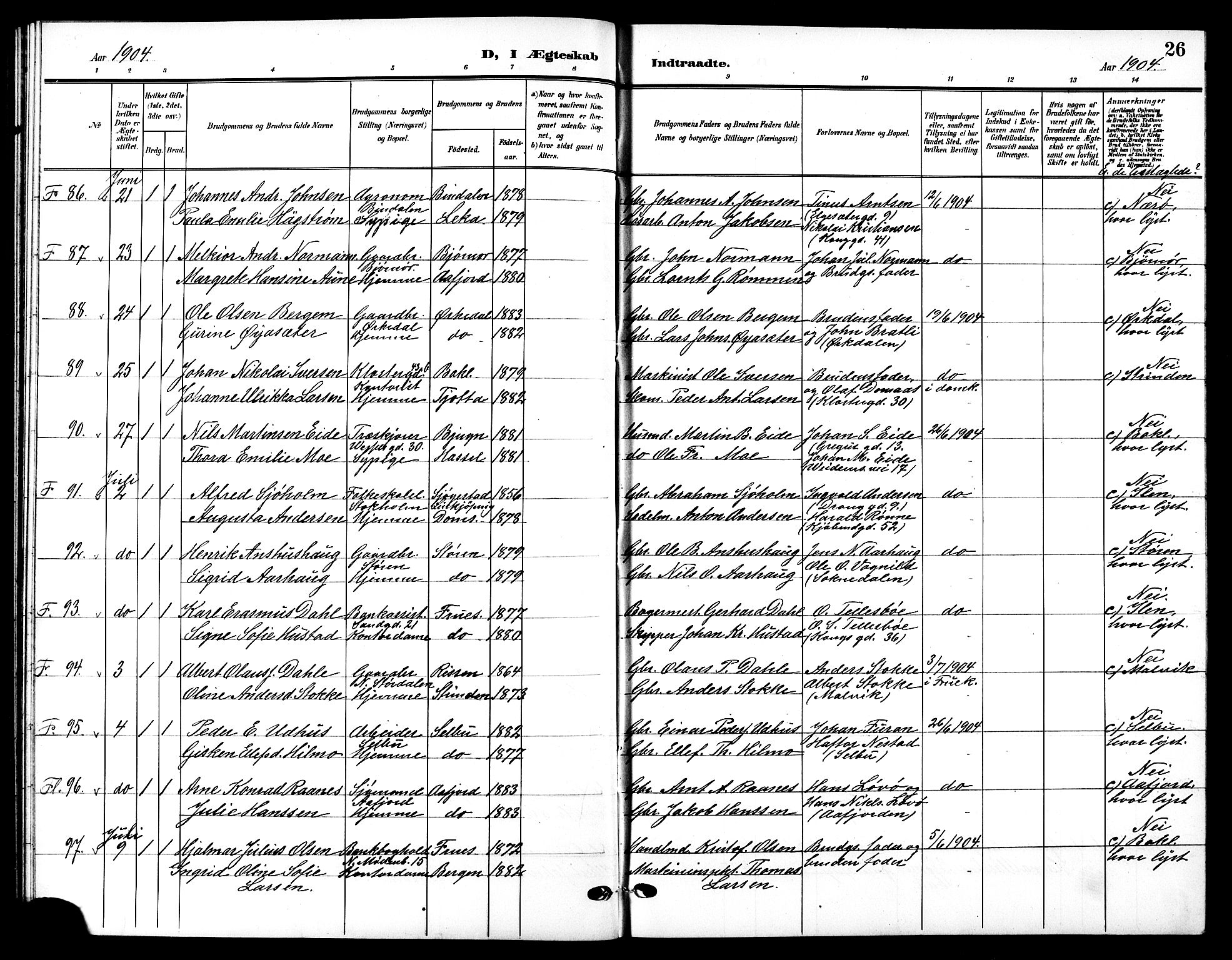 Ministerialprotokoller, klokkerbøker og fødselsregistre - Sør-Trøndelag, AV/SAT-A-1456/601/L0095: Parish register (copy) no. 601C13, 1902-1911, p. 26