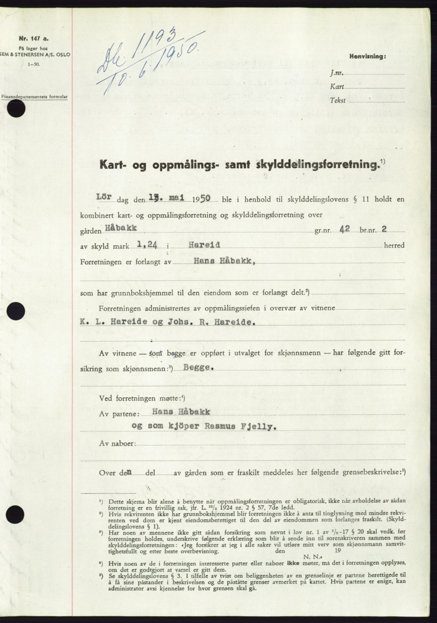 Søre Sunnmøre sorenskriveri, SAT/A-4122/1/2/2C/L0087: Mortgage book no. 13A, 1950-1950, Diary no: : 1193/1950