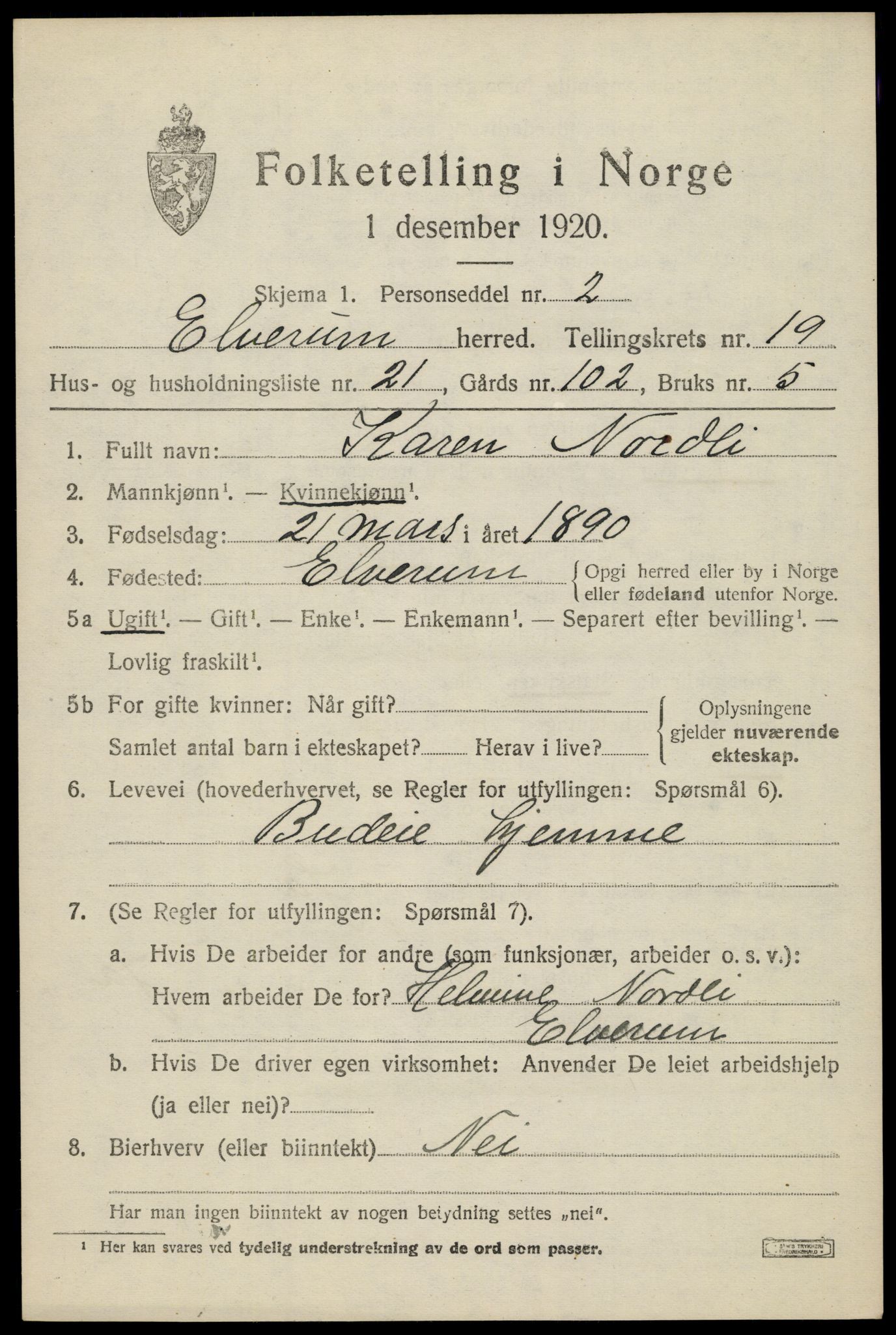 SAH, 1920 census for Elverum, 1920, p. 22774
