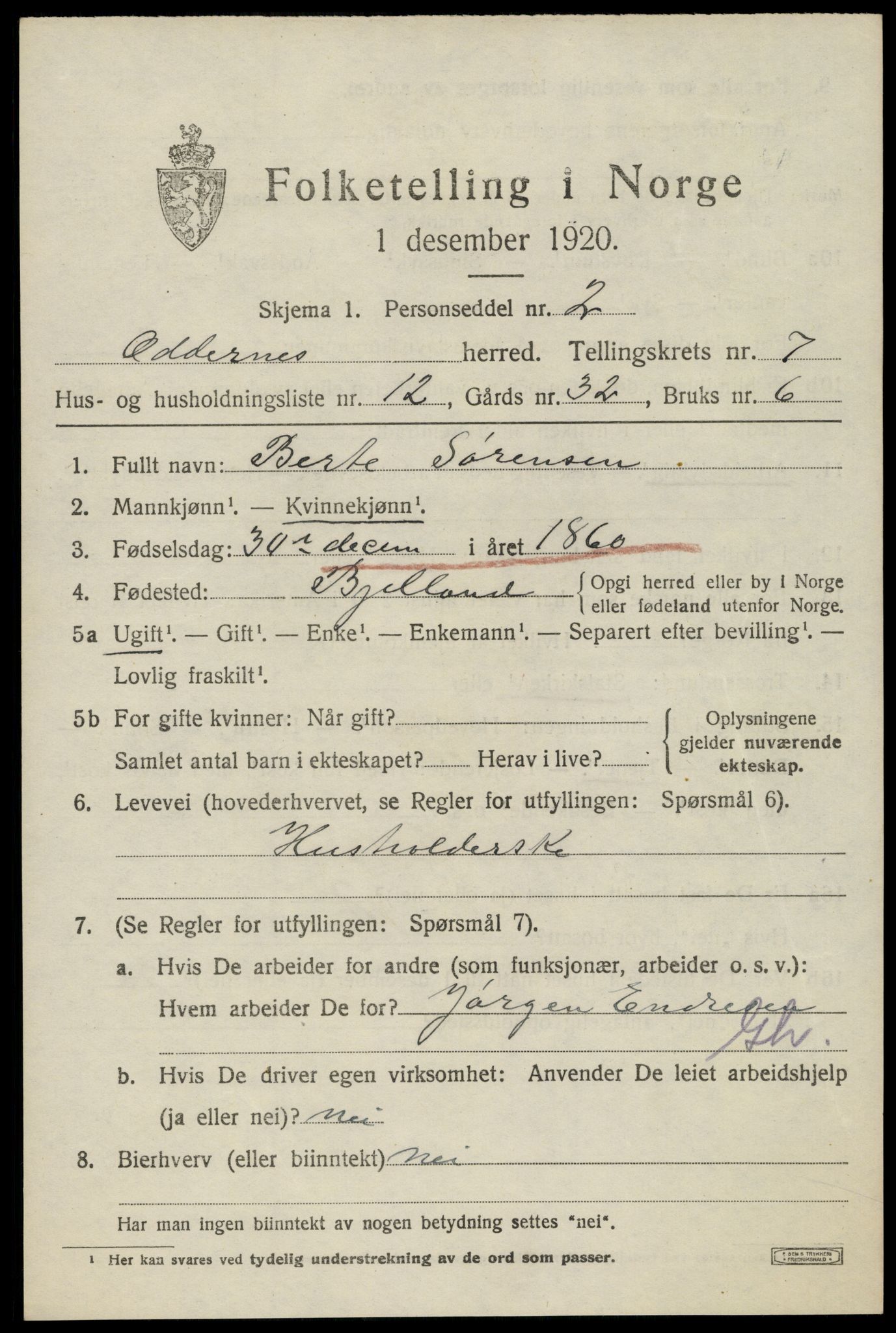 SAK, 1920 census for Oddernes, 1920, p. 5445