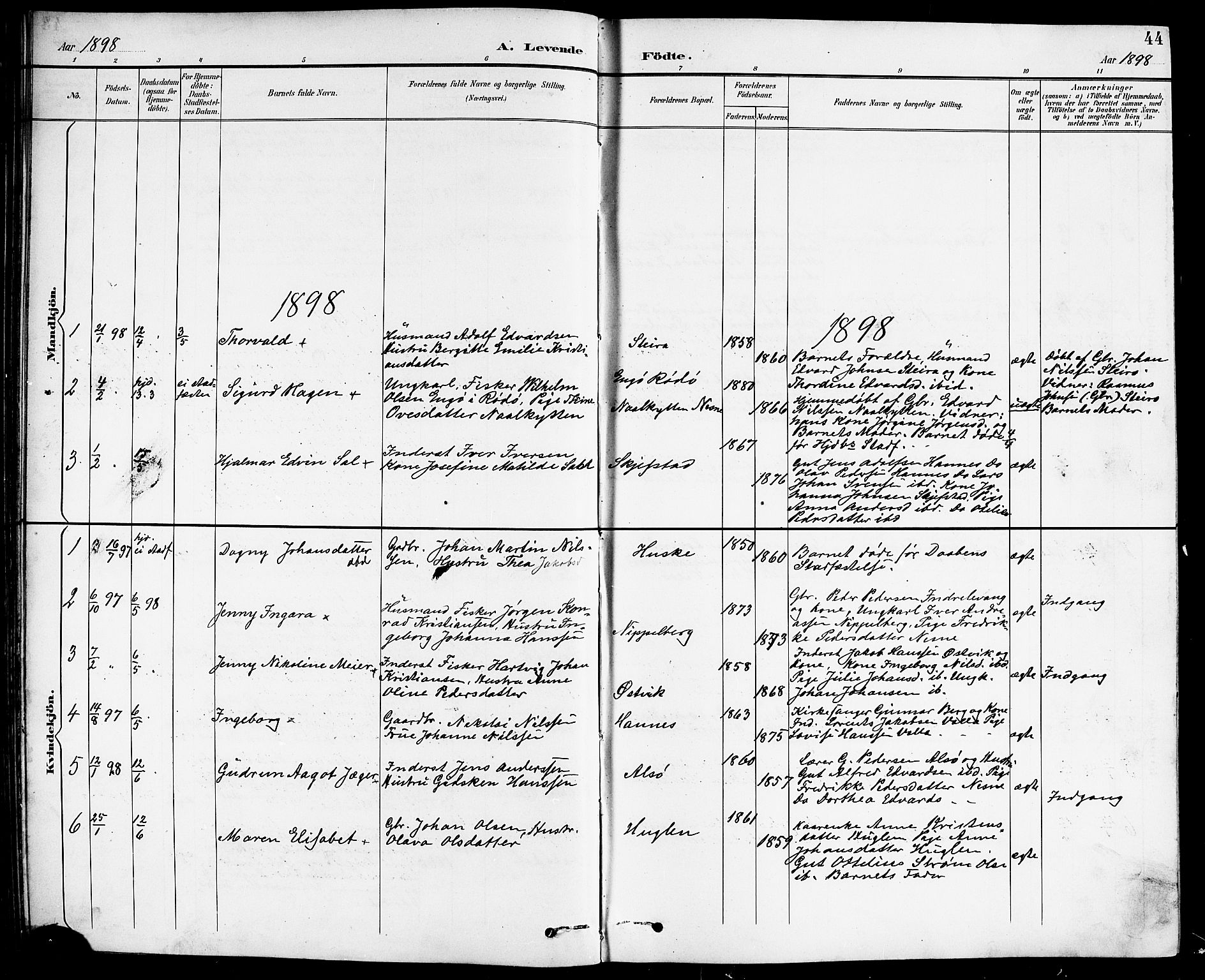 Ministerialprotokoller, klokkerbøker og fødselsregistre - Nordland, SAT/A-1459/838/L0559: Parish register (copy) no. 838C06, 1893-1910, p. 44