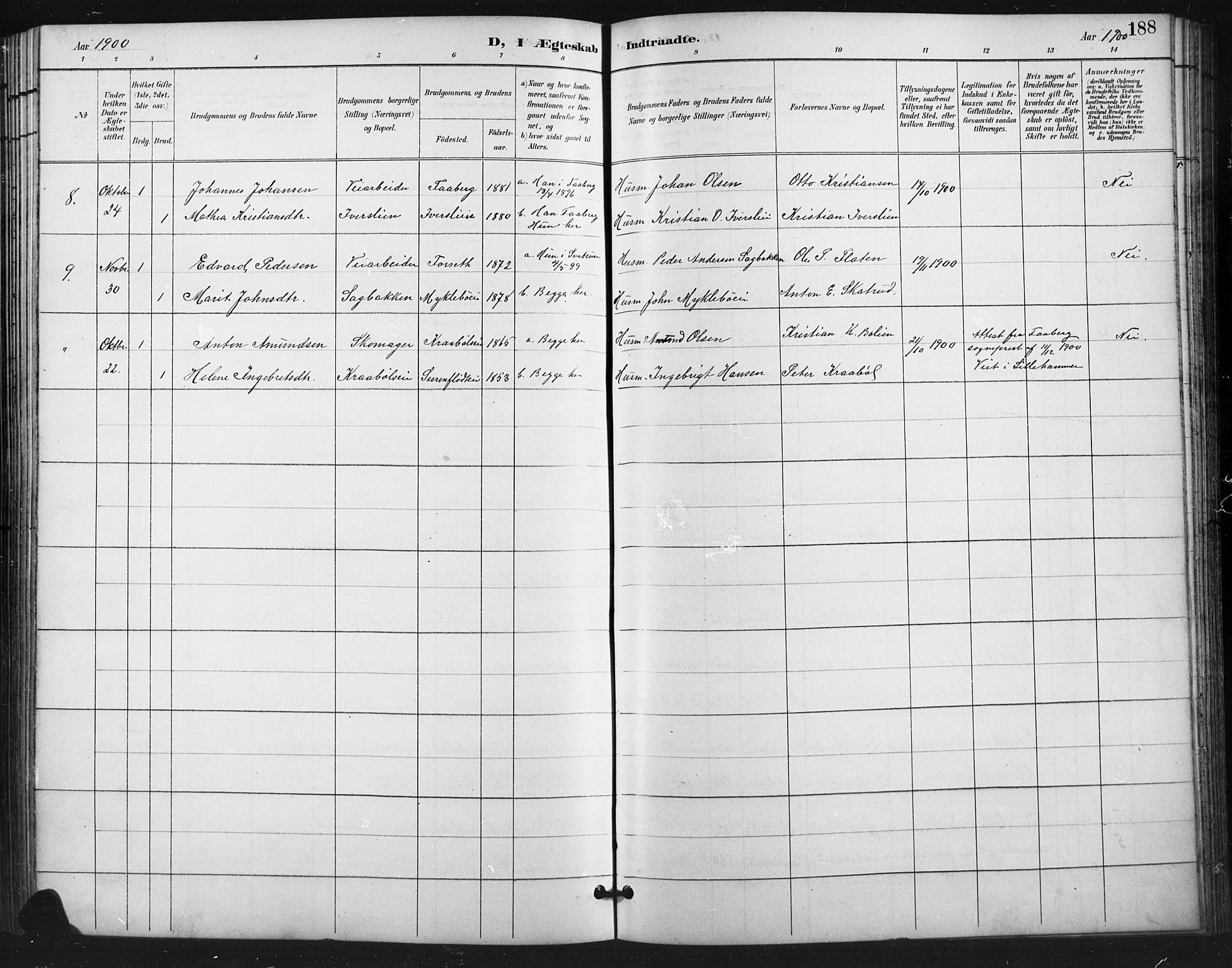 Vestre Gausdal prestekontor, SAH/PREST-094/H/Ha/Hab/L0003: Parish register (copy) no. 3, 1896-1925, p. 188