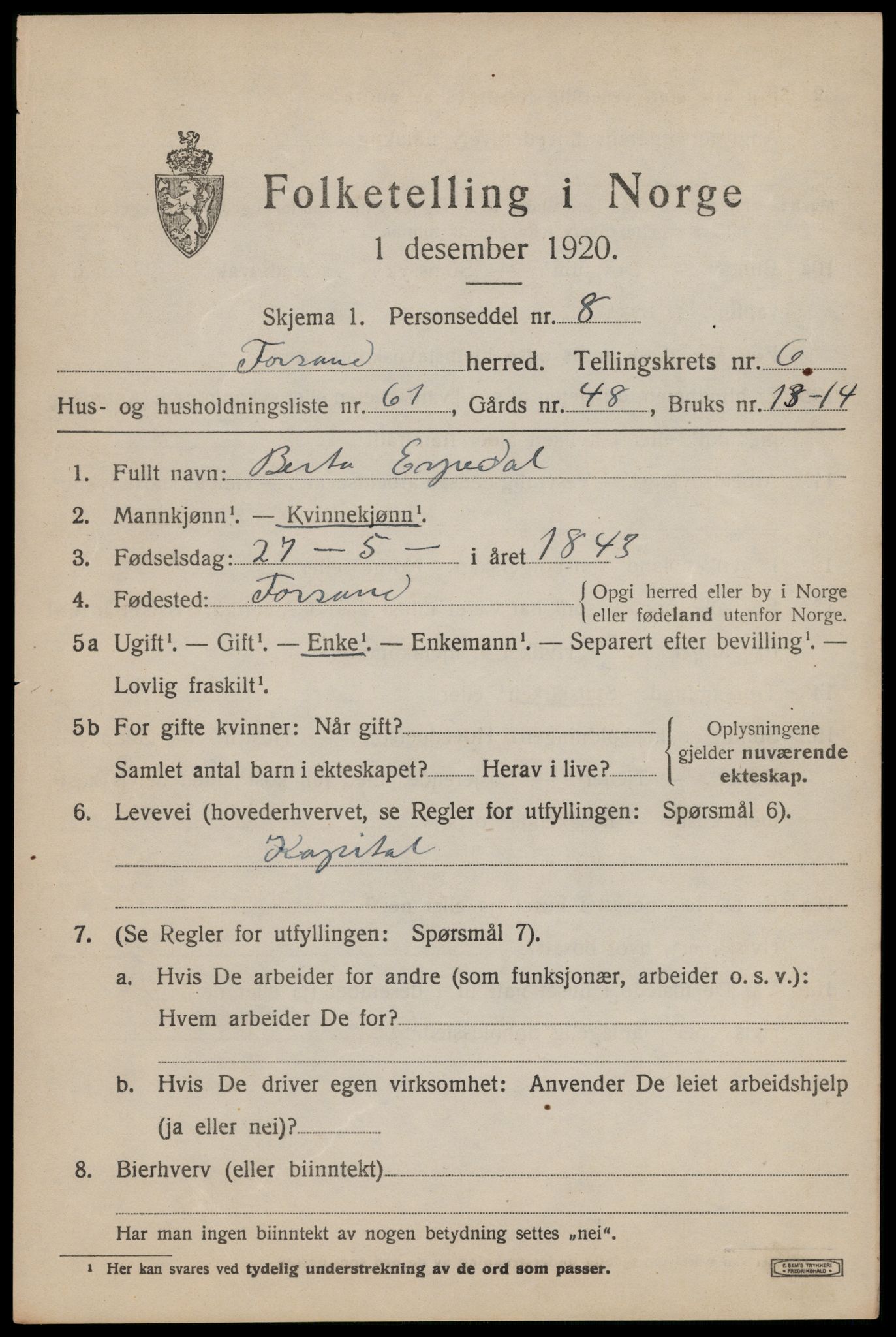 SAST, 1920 census for Forsand, 1920, p. 3411