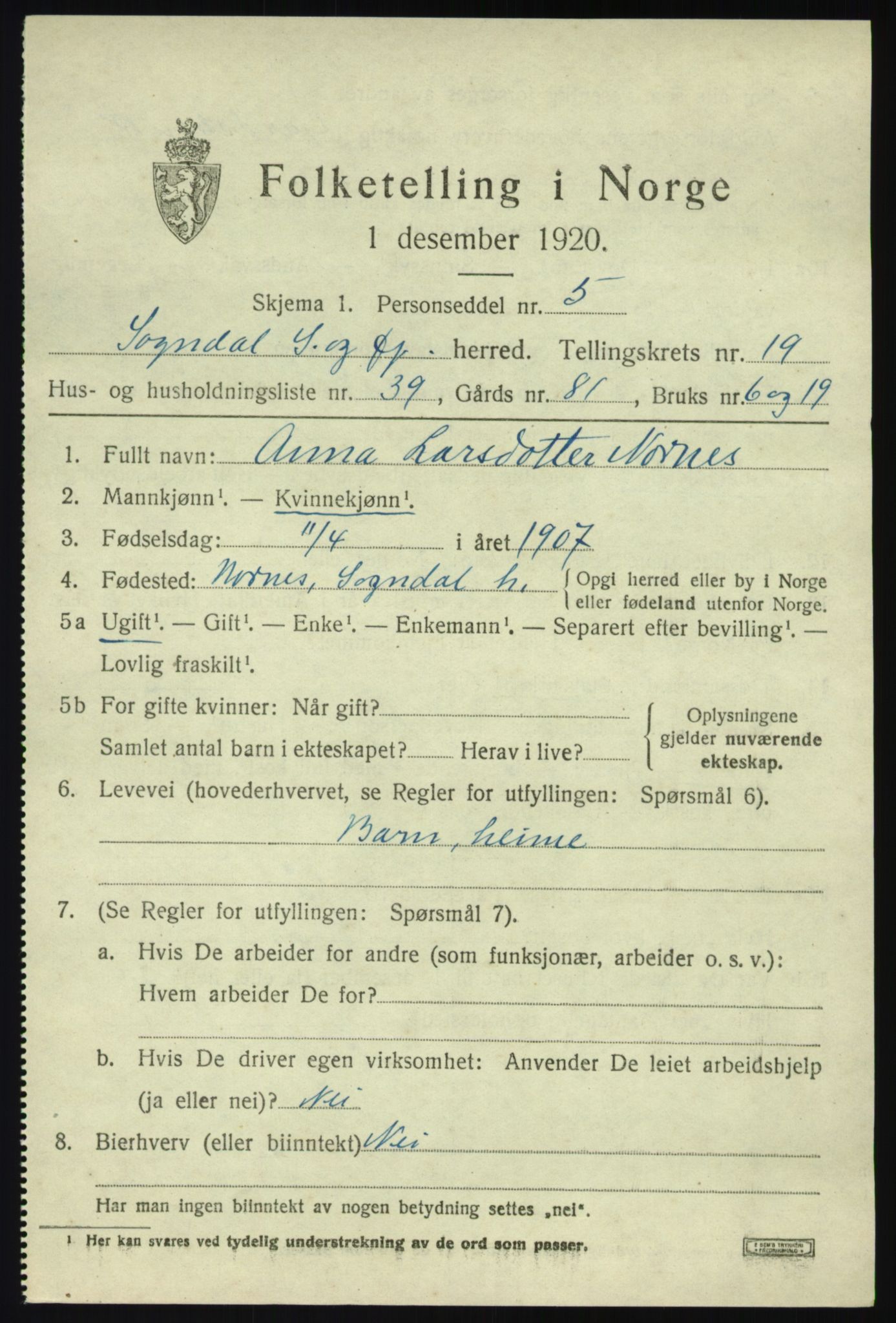 SAB, 1920 census for Sogndal, 1920, p. 7495