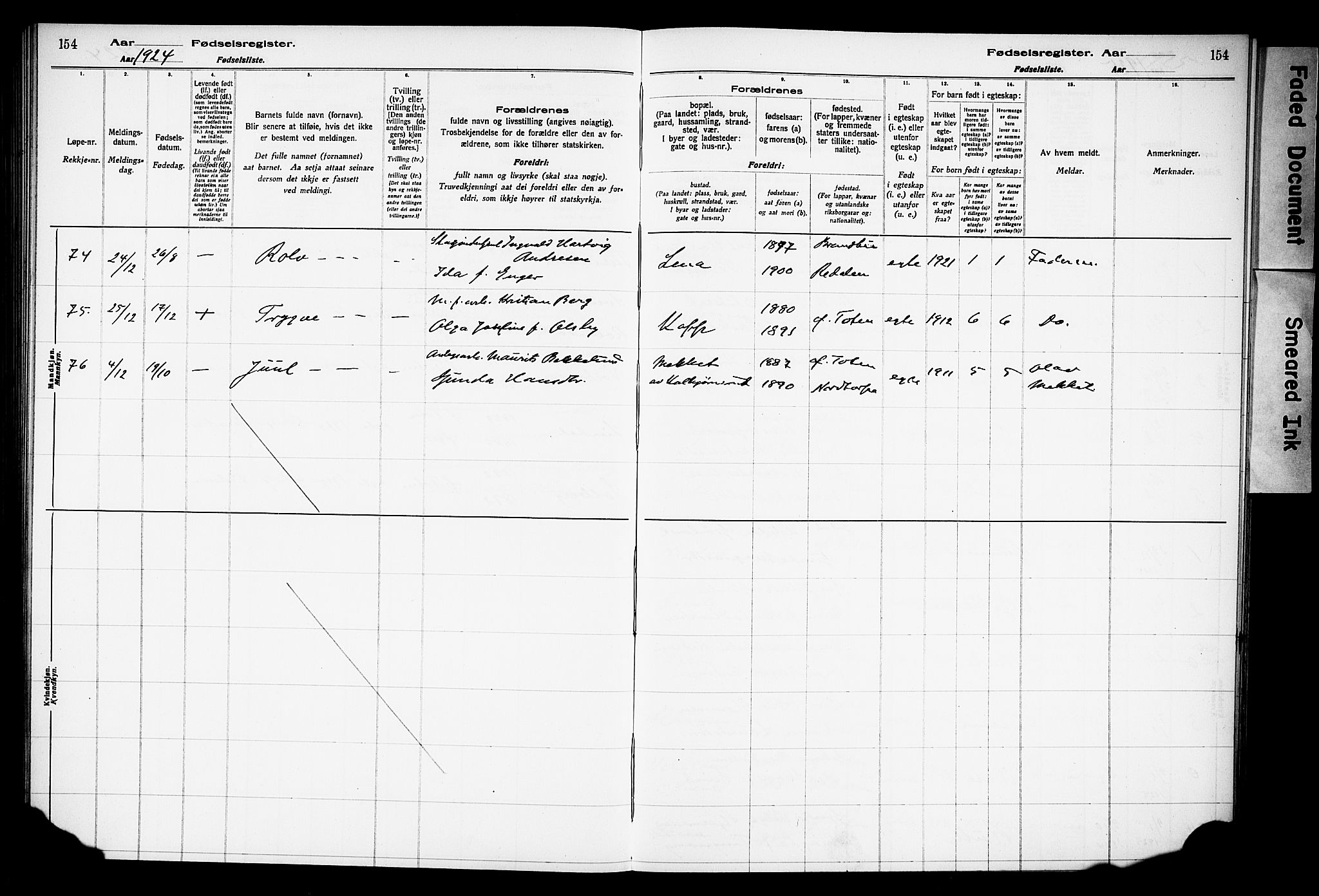 Østre Toten prestekontor, AV/SAH-PREST-104/I/Id/L0001/0001: Birth register no. 1.1, 1916-1928, p. 154