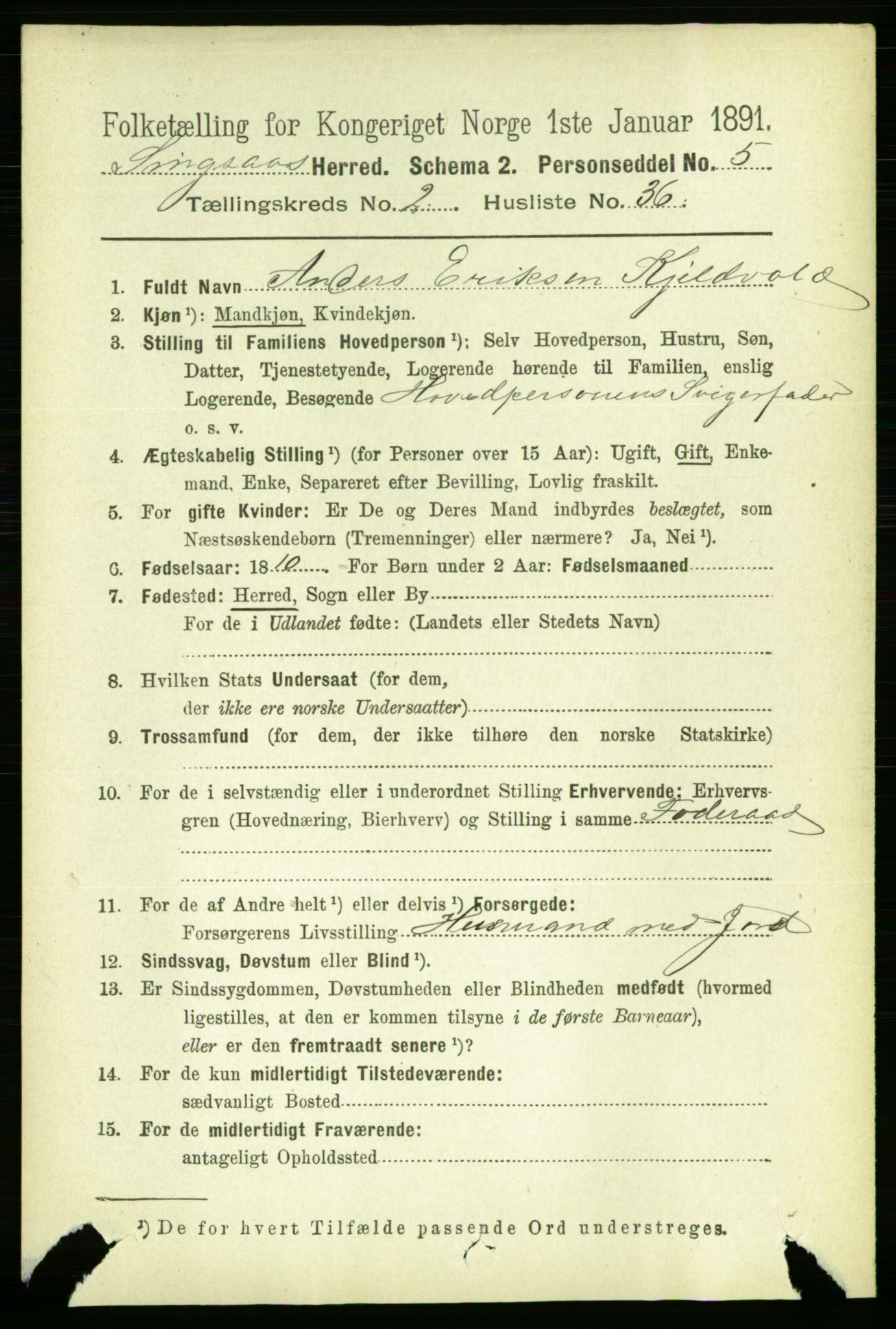 RA, 1891 census for 1646 Singsås, 1891, p. 498