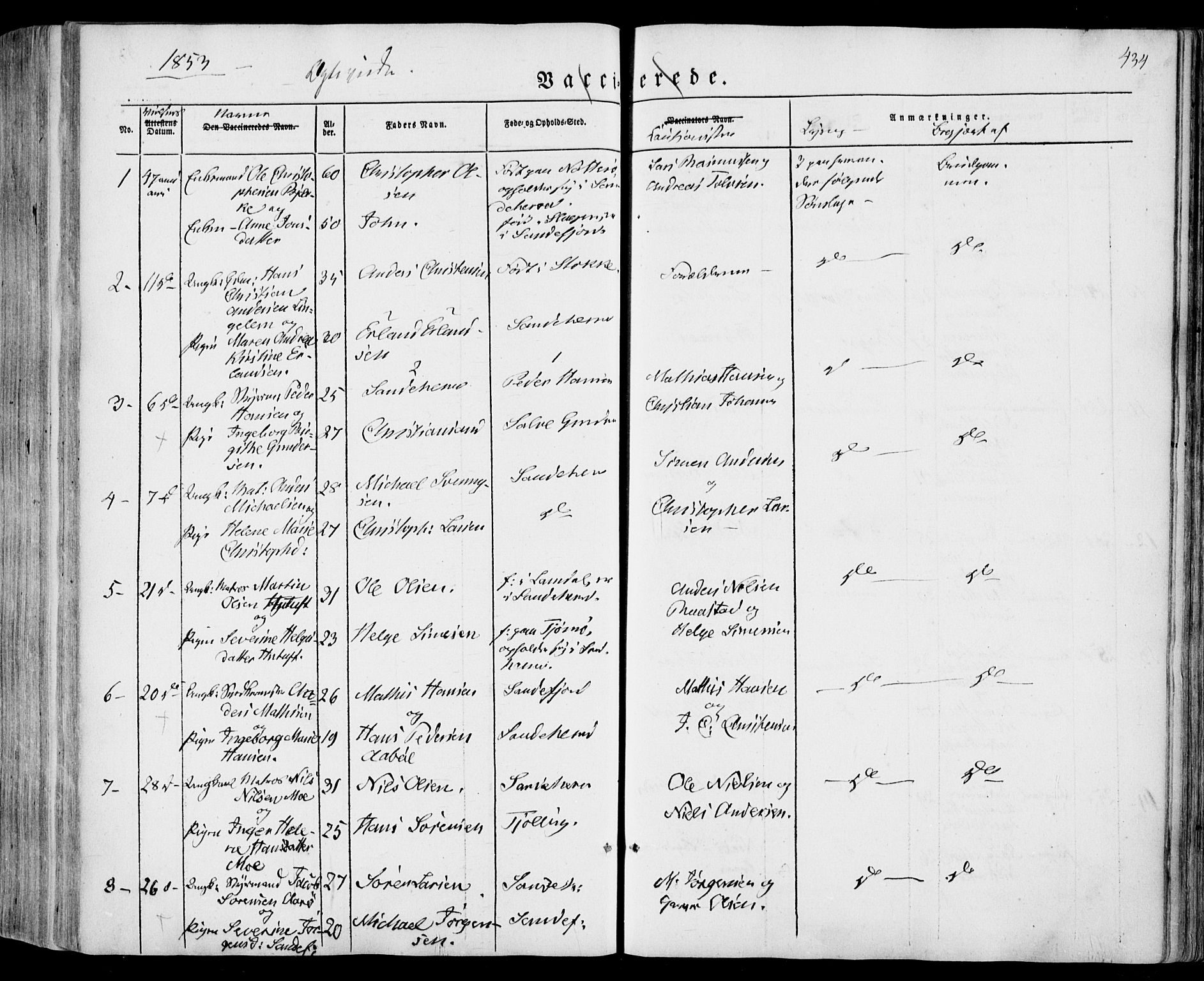 Sandar kirkebøker, SAKO/A-243/F/Fa/L0006: Parish register (official) no. 6, 1847-1860, p. 434
