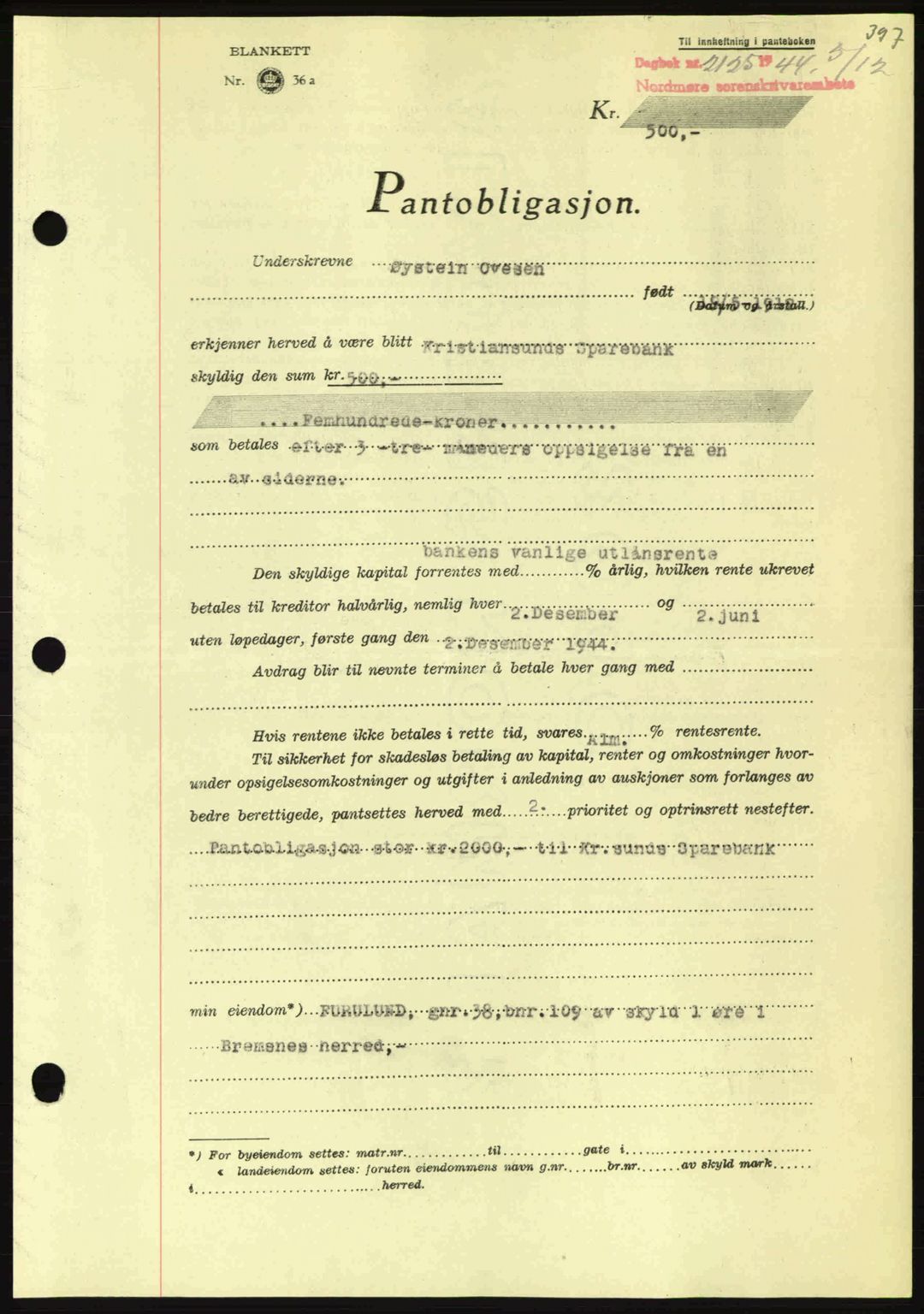 Nordmøre sorenskriveri, AV/SAT-A-4132/1/2/2Ca: Mortgage book no. B92, 1944-1945, Diary no: : 2125/1944