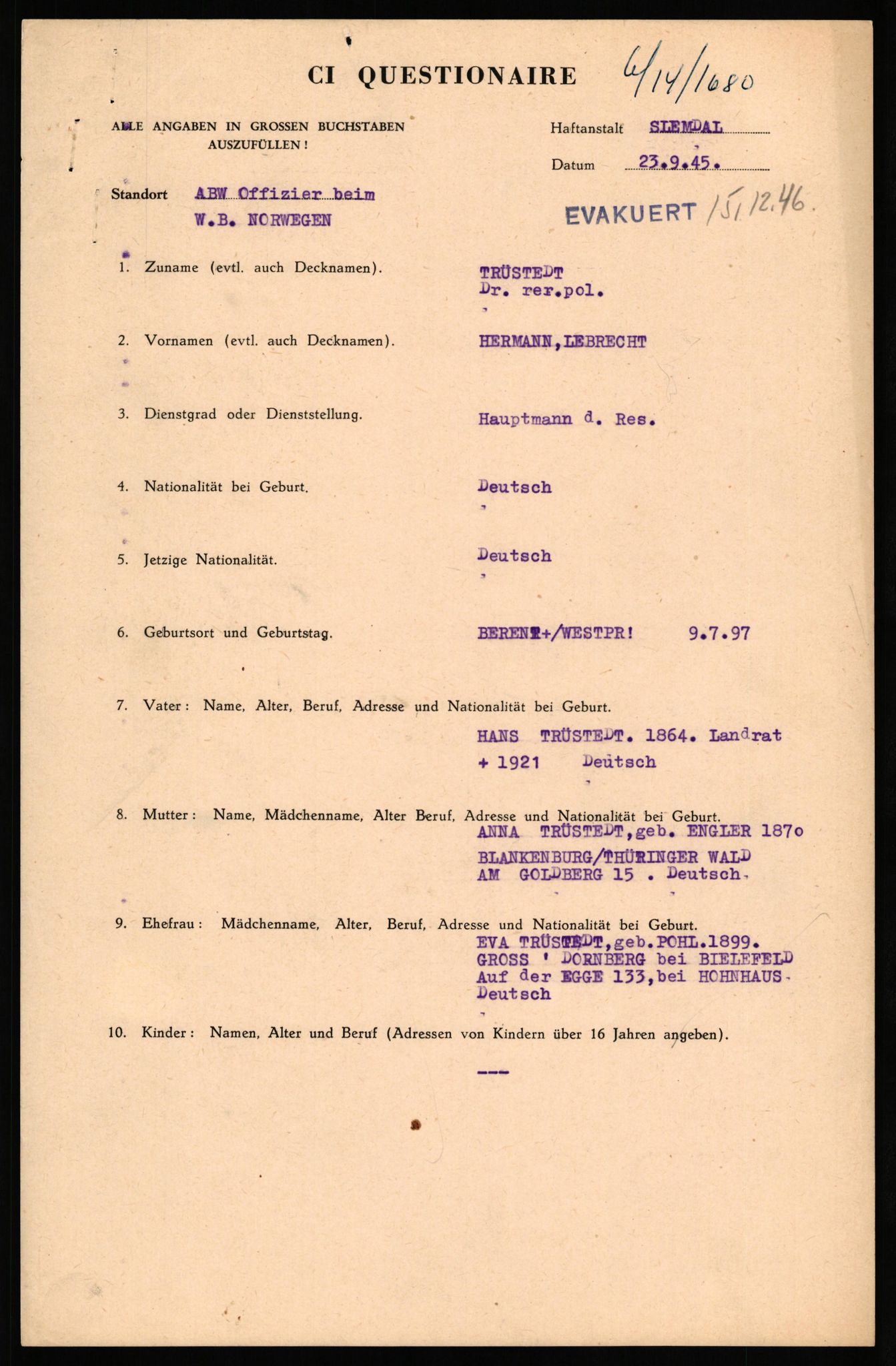 Forsvaret, Forsvarets overkommando II, AV/RA-RAFA-3915/D/Db/L0034: CI Questionaires. Tyske okkupasjonsstyrker i Norge. Tyskere., 1945-1946, p. 131