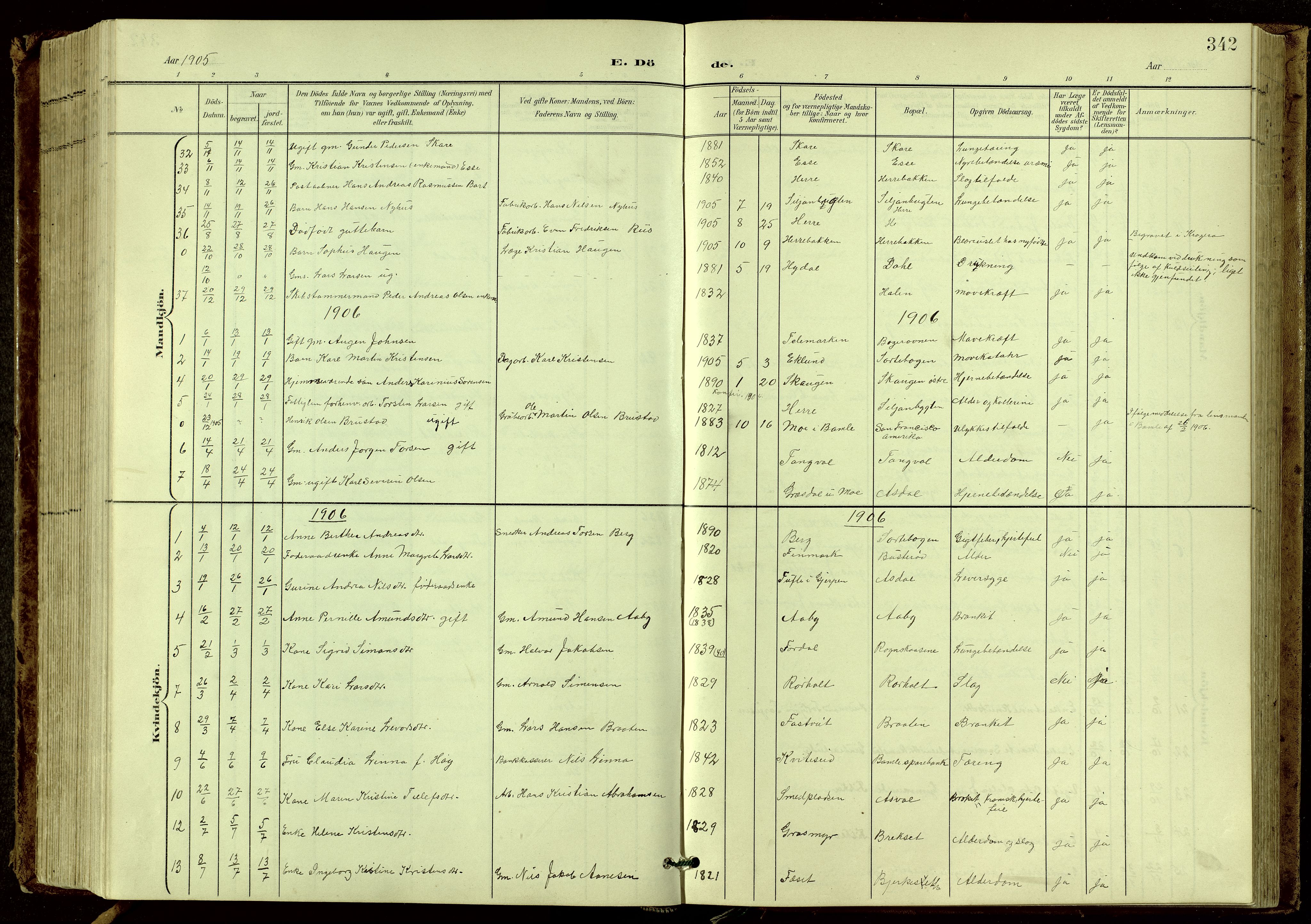 Bamble kirkebøker, SAKO/A-253/G/Ga/L0010: Parish register (copy) no. I 10, 1901-1919, p. 342