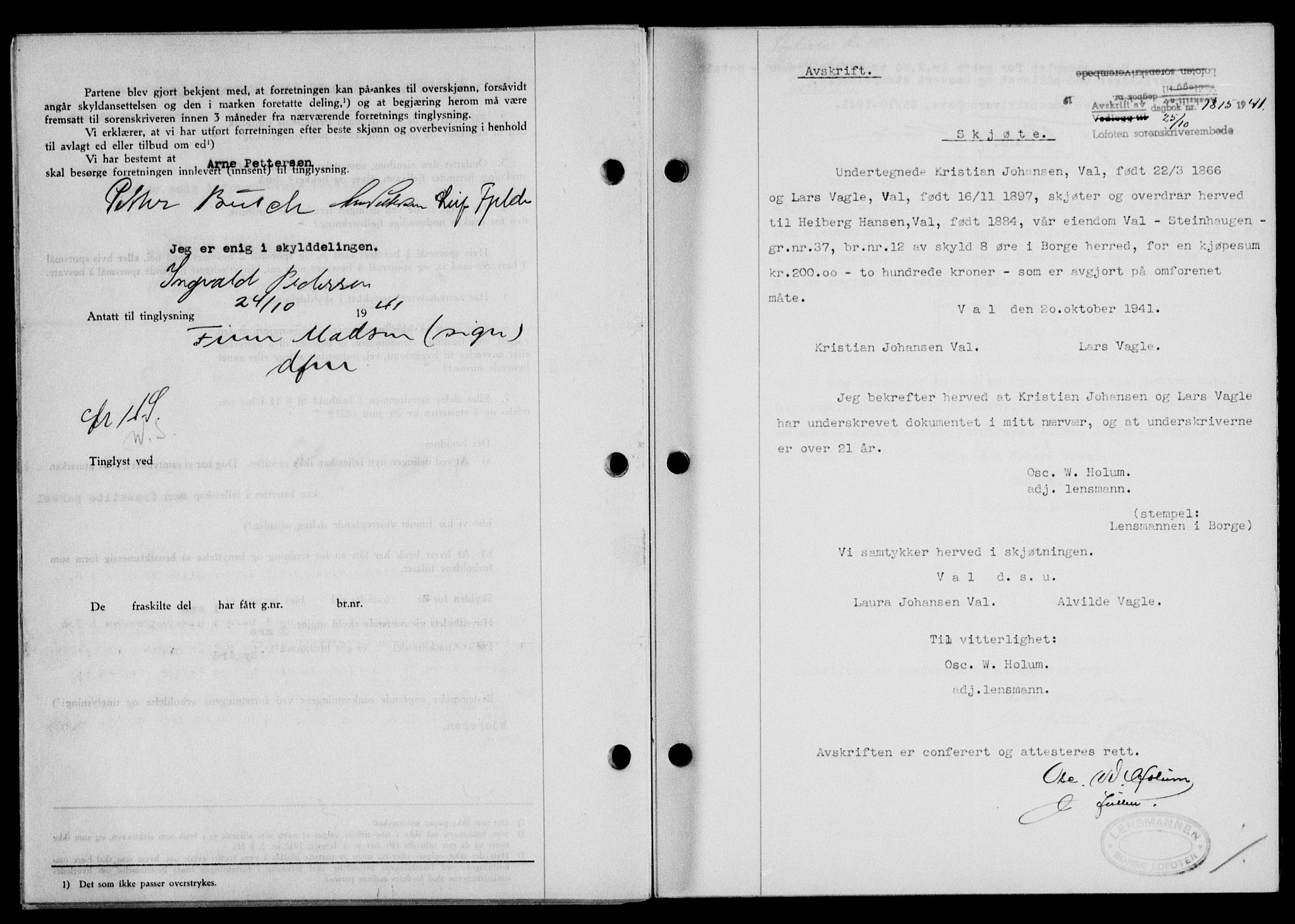 Lofoten sorenskriveri, SAT/A-0017/1/2/2C/L0009a: Mortgage book no. 9a, 1941-1942, Diary no: : 1815/1941