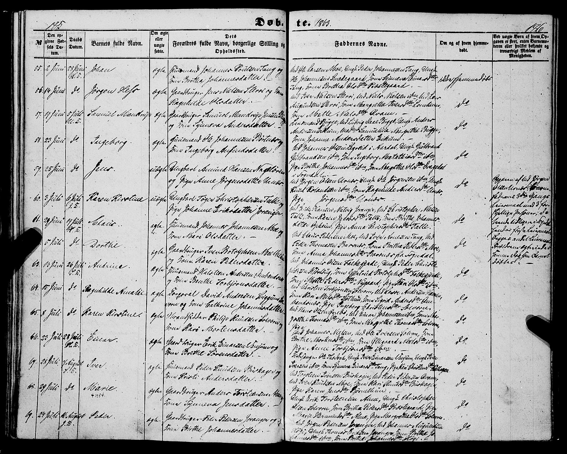 Hafslo sokneprestembete, AV/SAB-A-80301/H/Haa/Haaa/L0009: Parish register (official) no. A 9, 1852-1873, p. 185-186