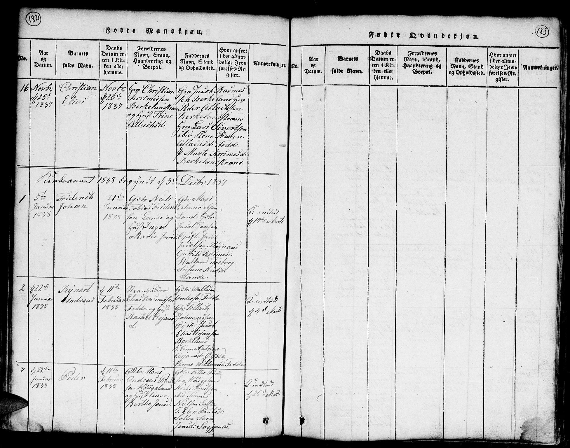 Kvinesdal sokneprestkontor, AV/SAK-1111-0026/F/Fb/Fba/L0001: Parish register (copy) no. B 1, 1815-1839, p. 182-183