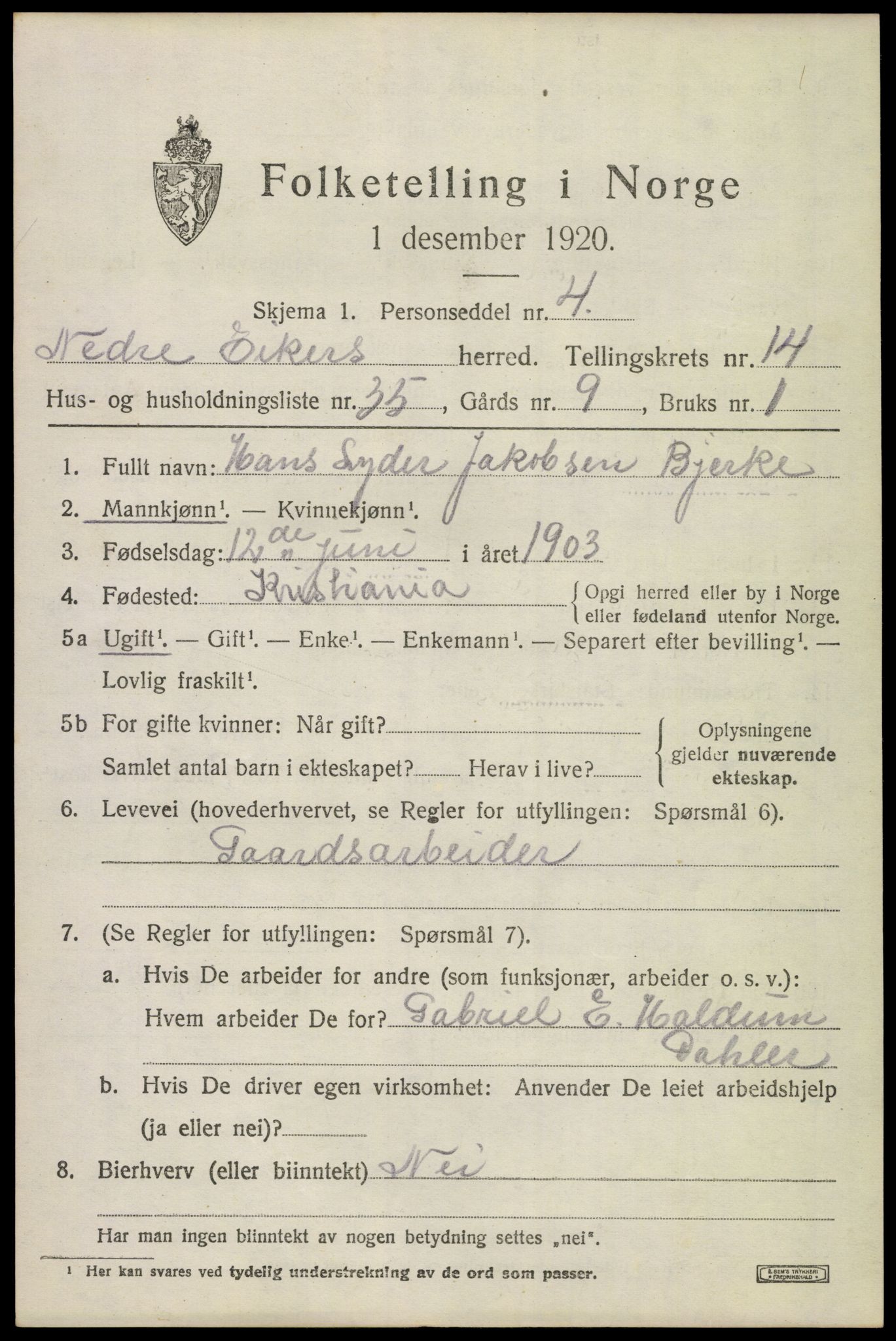 SAKO, 1920 census for Nedre Eiker, 1920, p. 15935