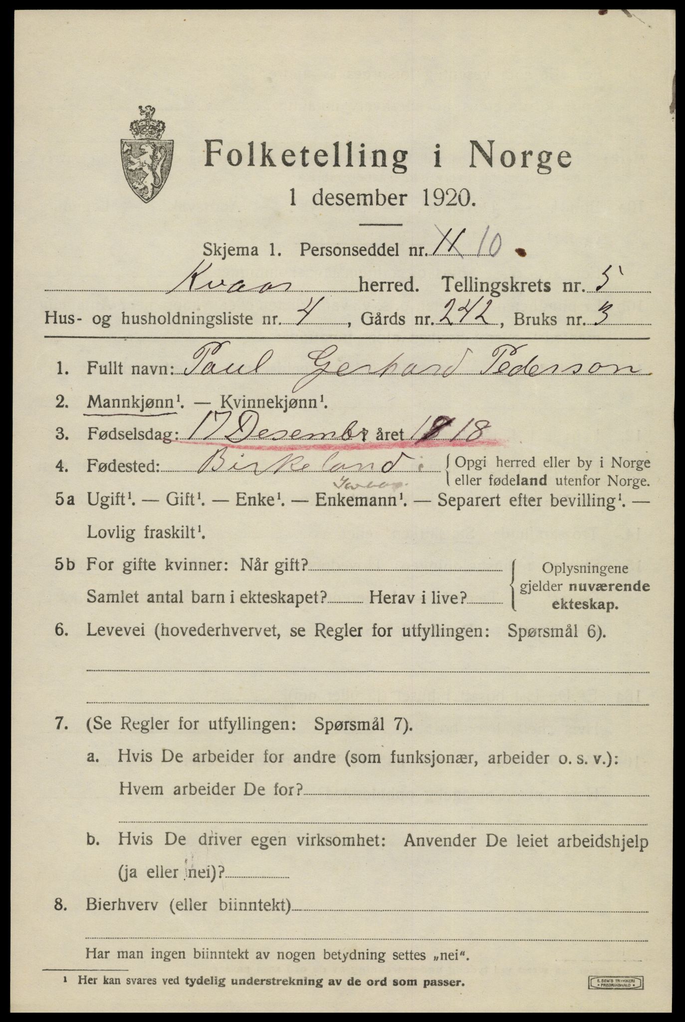 SAK, 1920 census for Kvås, 1920, p. 1330