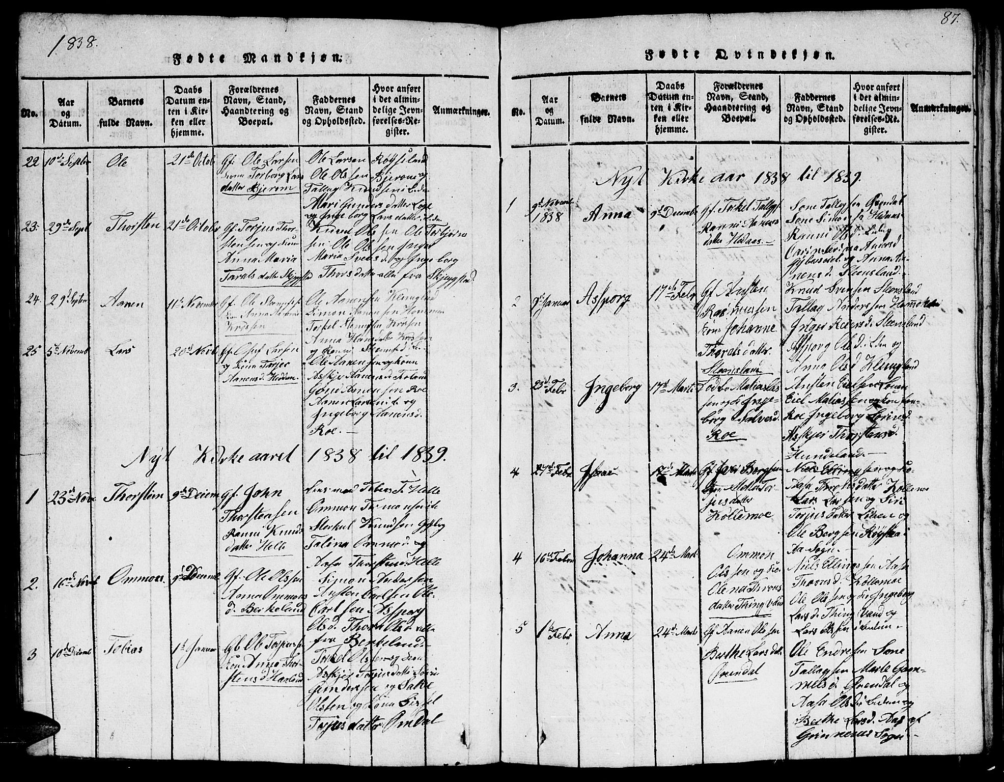 Hægebostad sokneprestkontor, AV/SAK-1111-0024/F/Fb/Fba/L0001: Parish register (copy) no. B 1, 1815-1844, p. 87