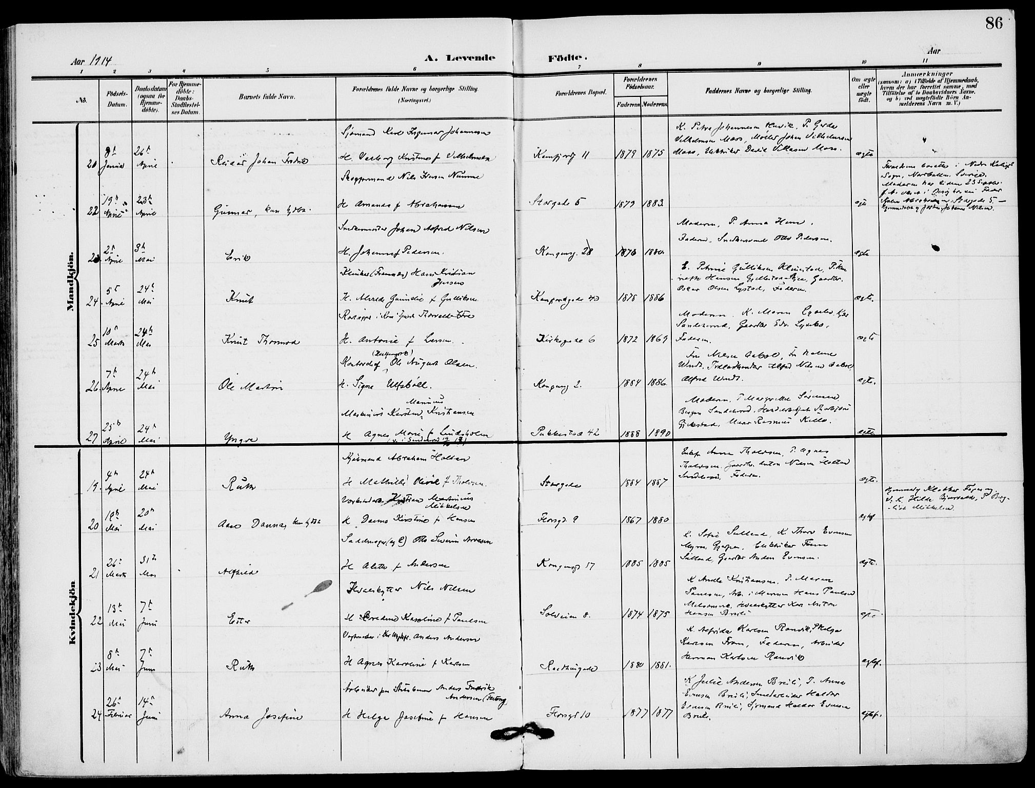 Sandefjord kirkebøker, AV/SAKO-A-315/F/Fa/L0005: Parish register (official) no. 5, 1906-1915, p. 86