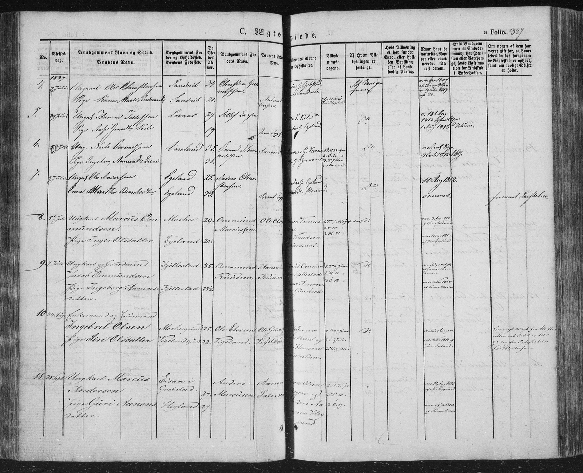 Vennesla sokneprestkontor, SAK/1111-0045/Fa/Fac/L0004: Parish register (official) no. A 4, 1834-1855, p. 327