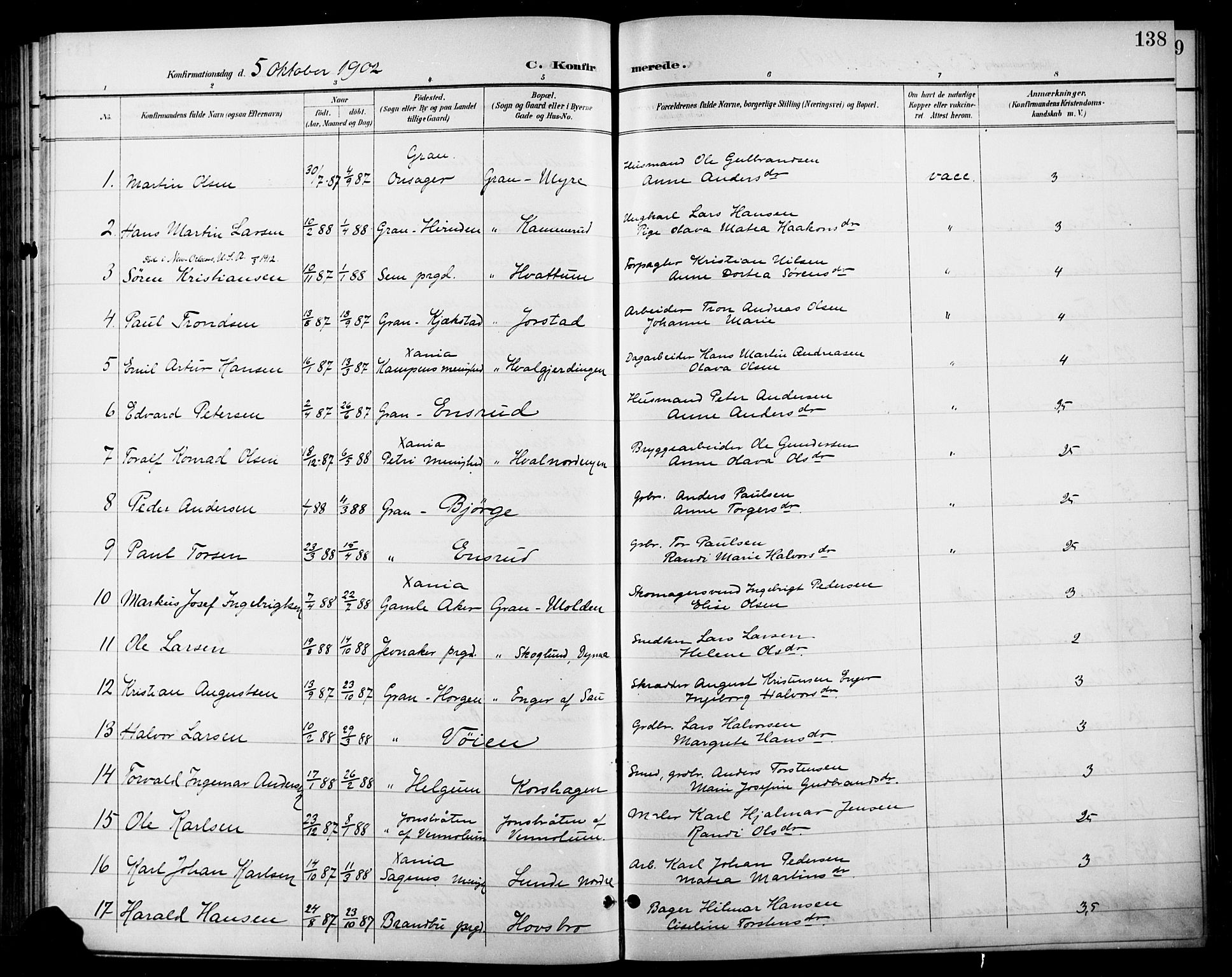 Gran prestekontor, SAH/PREST-112/H/Ha/Haa/L0019: Parish register (official) no. 19, 1898-1907, p. 138