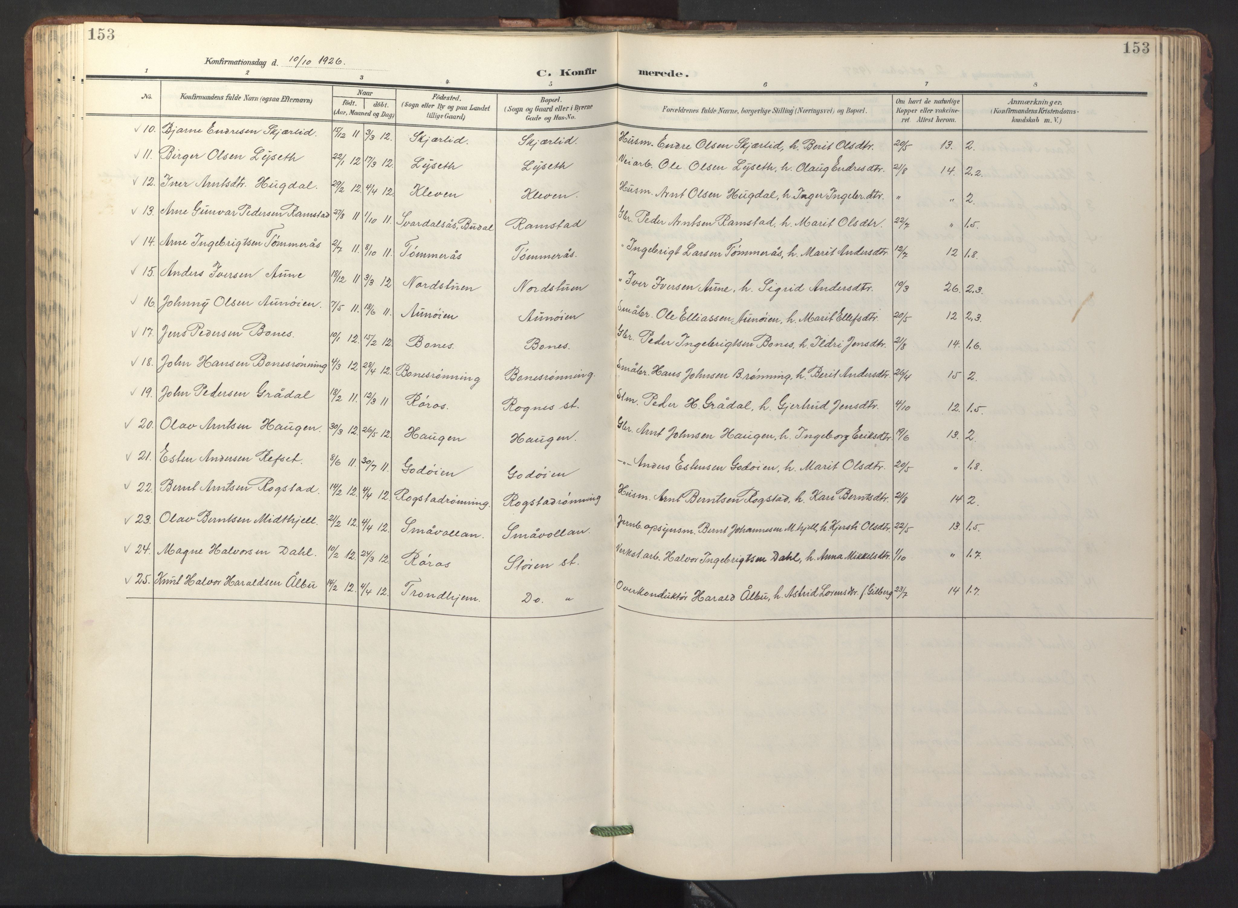 Ministerialprotokoller, klokkerbøker og fødselsregistre - Sør-Trøndelag, SAT/A-1456/687/L1019: Parish register (copy) no. 687C03, 1904-1931, p. 153
