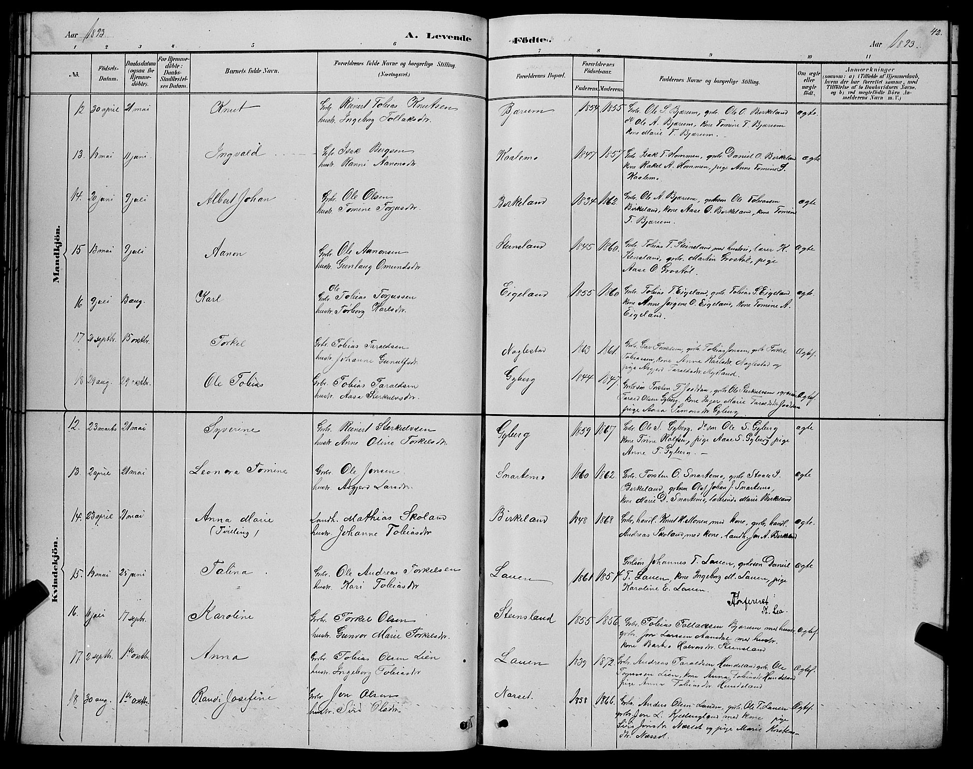 Hægebostad sokneprestkontor, SAK/1111-0024/F/Fb/Fba/L0003: Parish register (copy) no. B 3, 1883-1896, p. 42